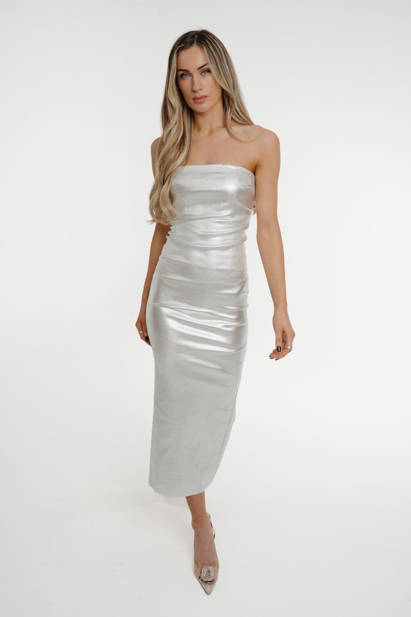 Iris Metallic Bandeau Dress In Silver - The Walk in Wardrobe