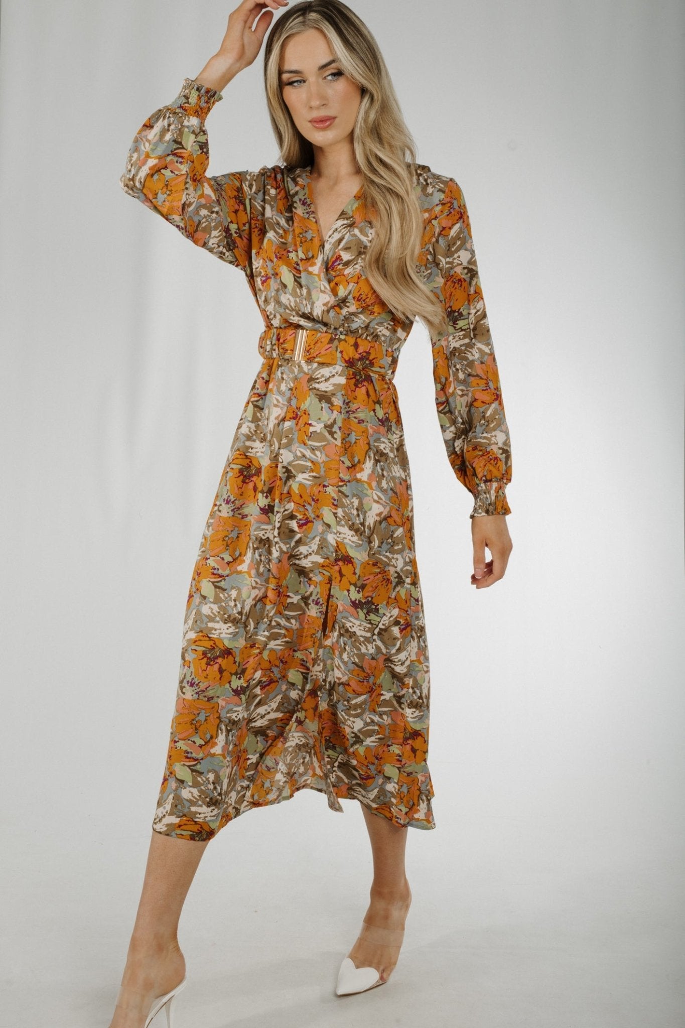 Isabelle Belted Midi Dress In Orange Mix - The Walk in Wardrobe