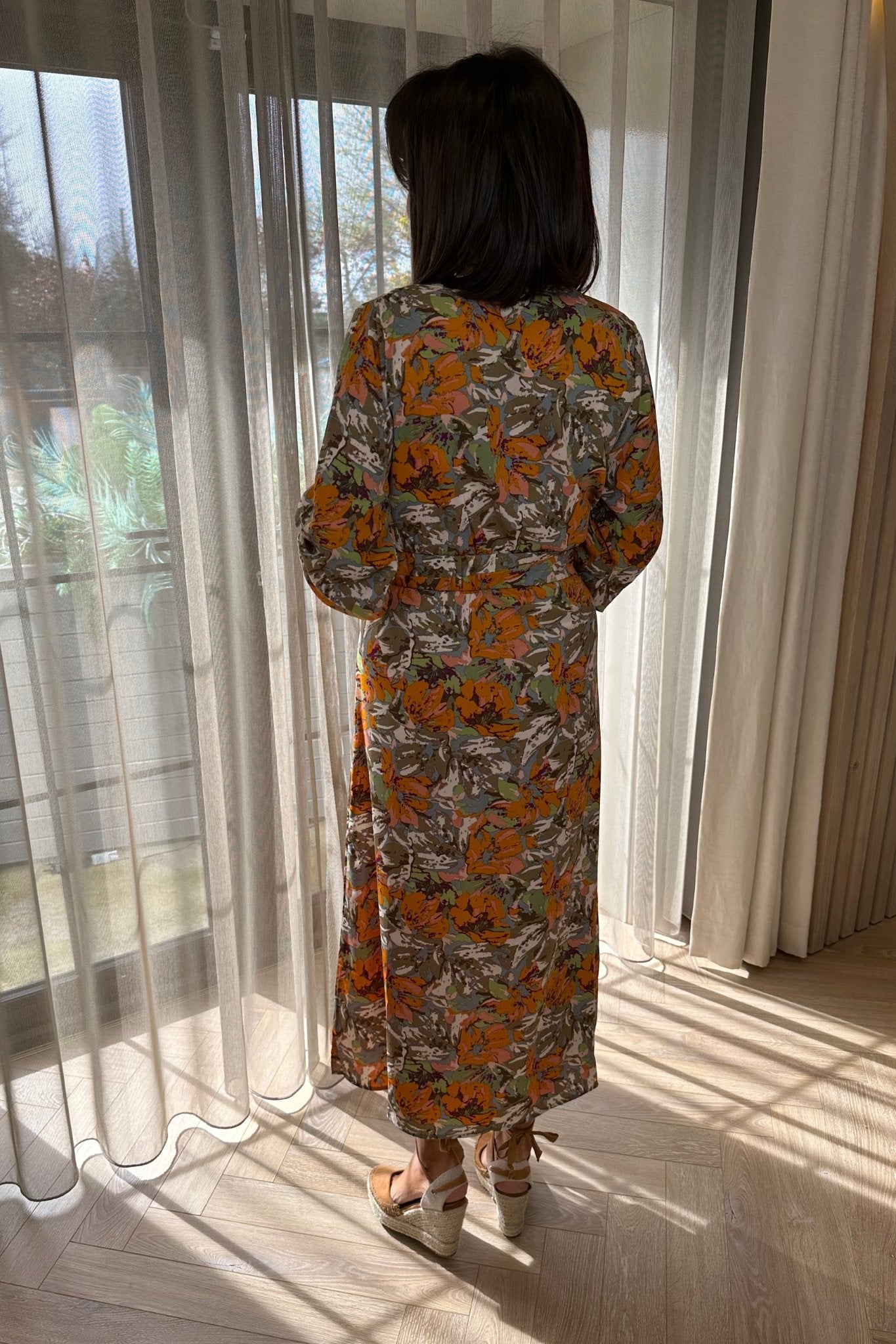 Isabelle Belted Midi Dress In Orange Mix - The Walk in Wardrobe