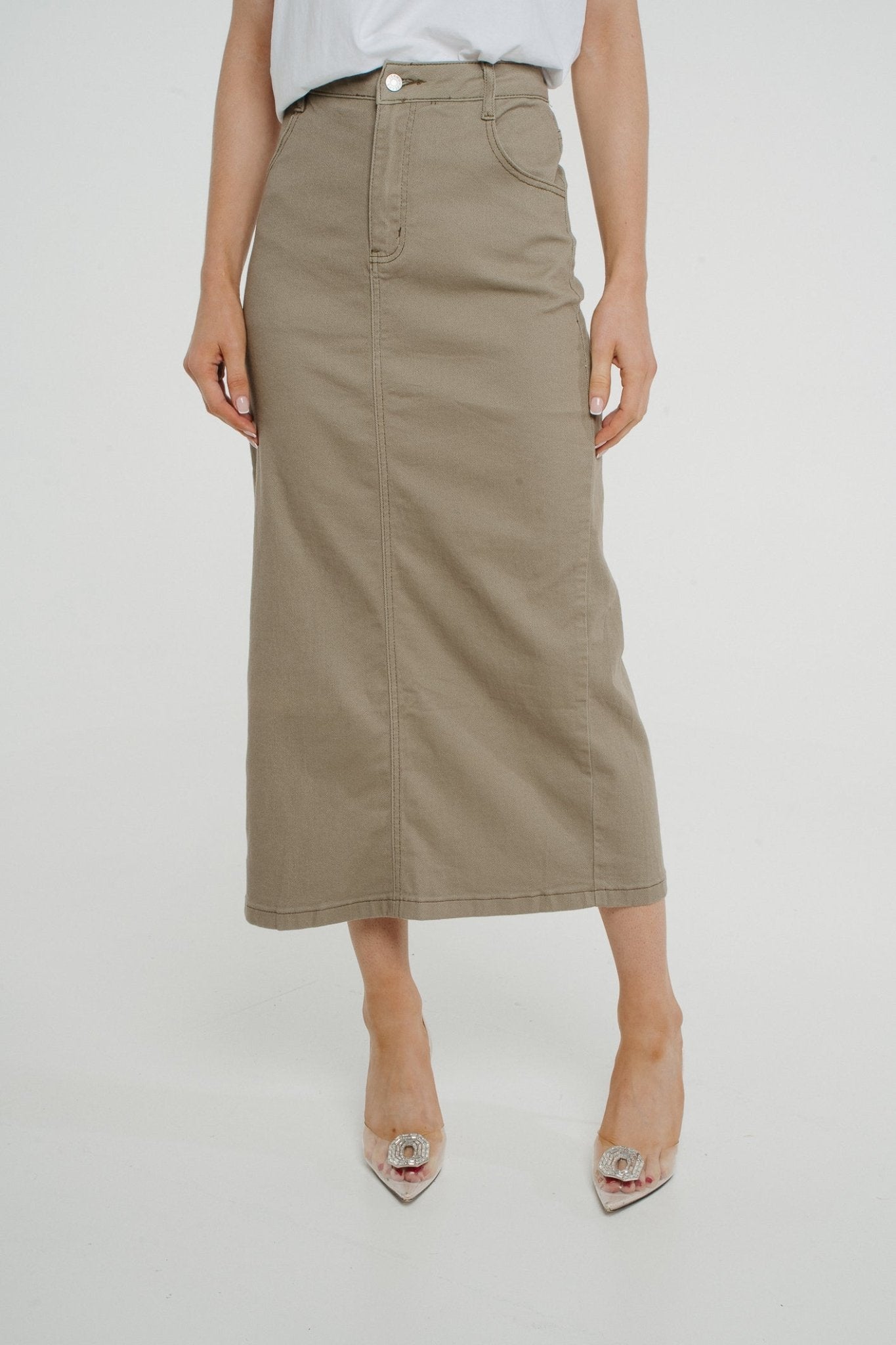 Ivy Midi Skirt In Khaki - The Walk in Wardrobe