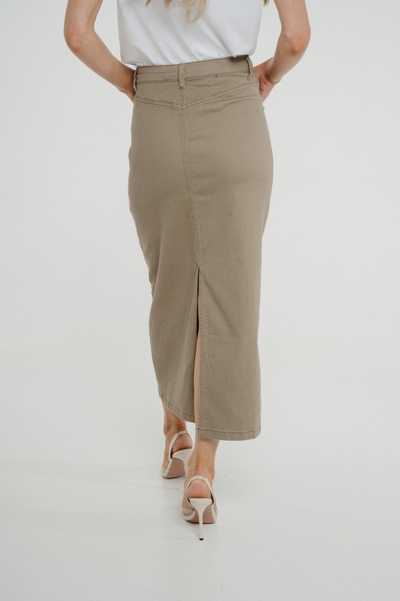 Ivy Midi Skirt In Khaki - The Walk in Wardrobe
