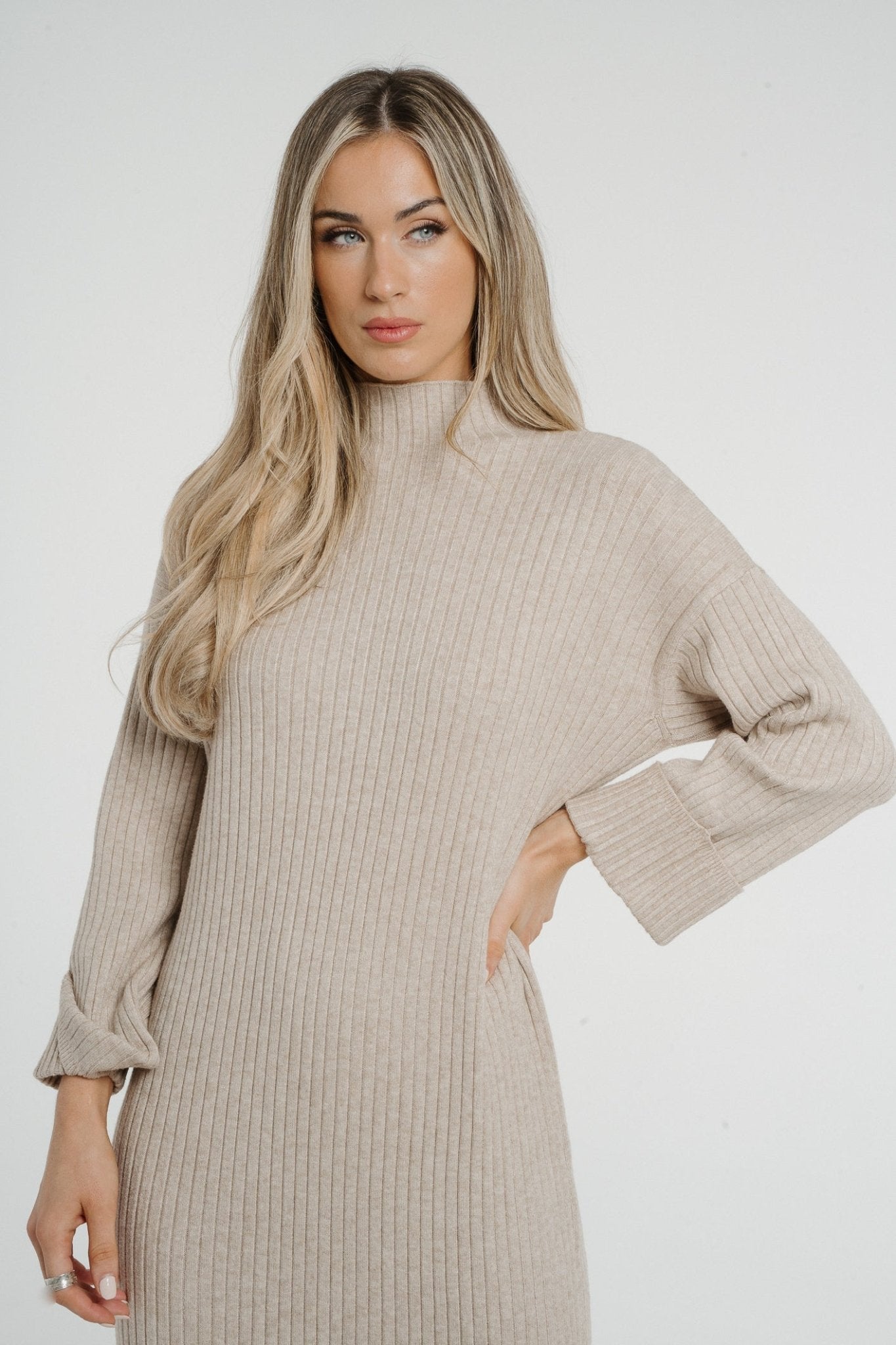 Ivy Ribbed Knit Dress In Taupe - The Walk in Wardrobe