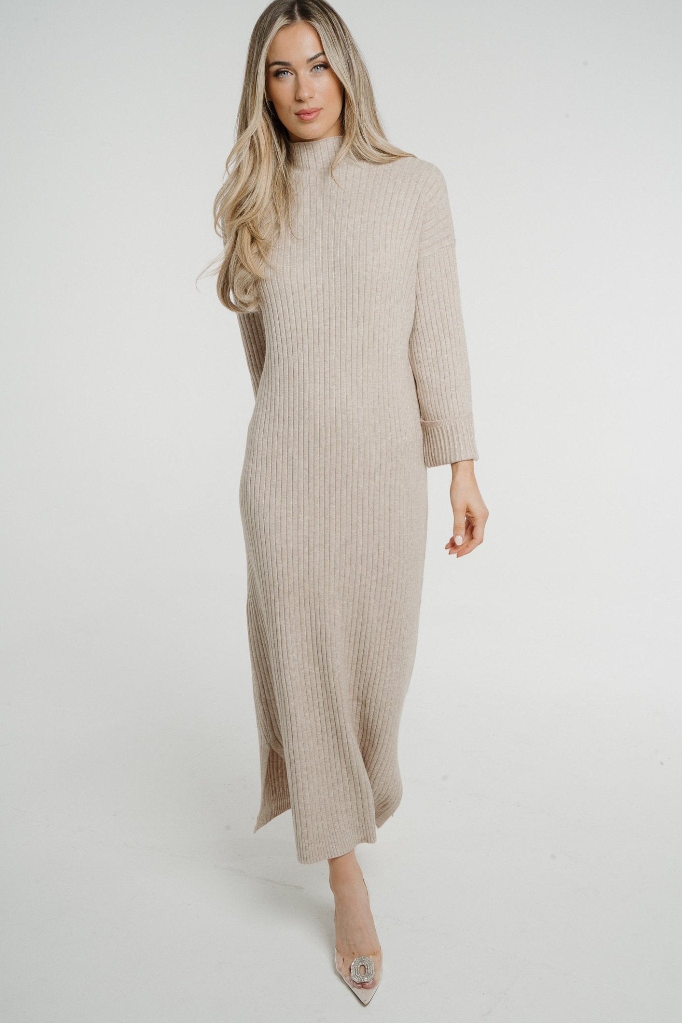 Ivy Ribbed Knit Dress In Taupe - The Walk in Wardrobe