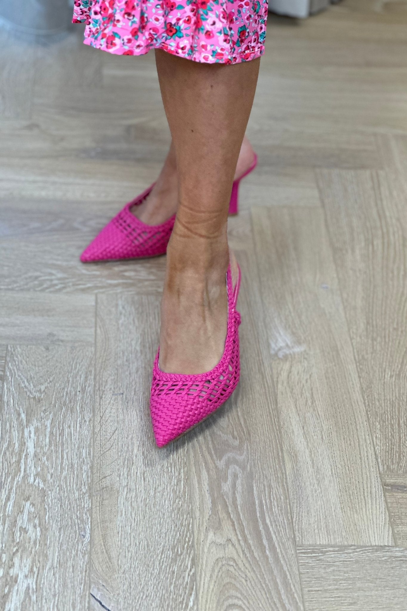 Izzy Rattan Slingback Heel In Pink - The Walk in Wardrobe