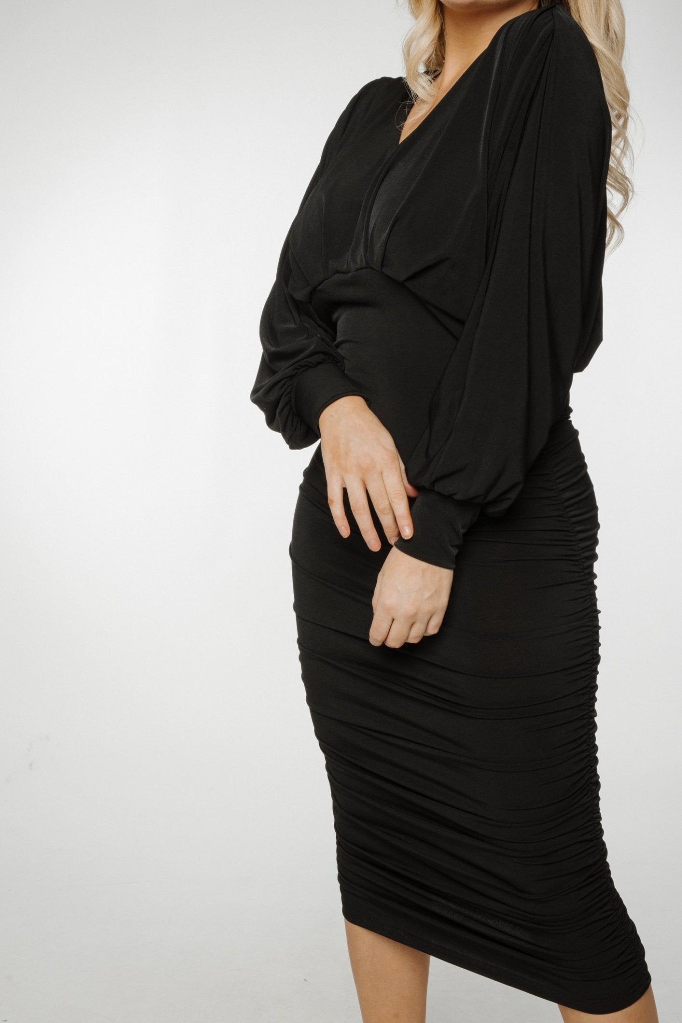 Jade Batwing Sleeve Ruched Dress In Black - The Walk in Wardrobe