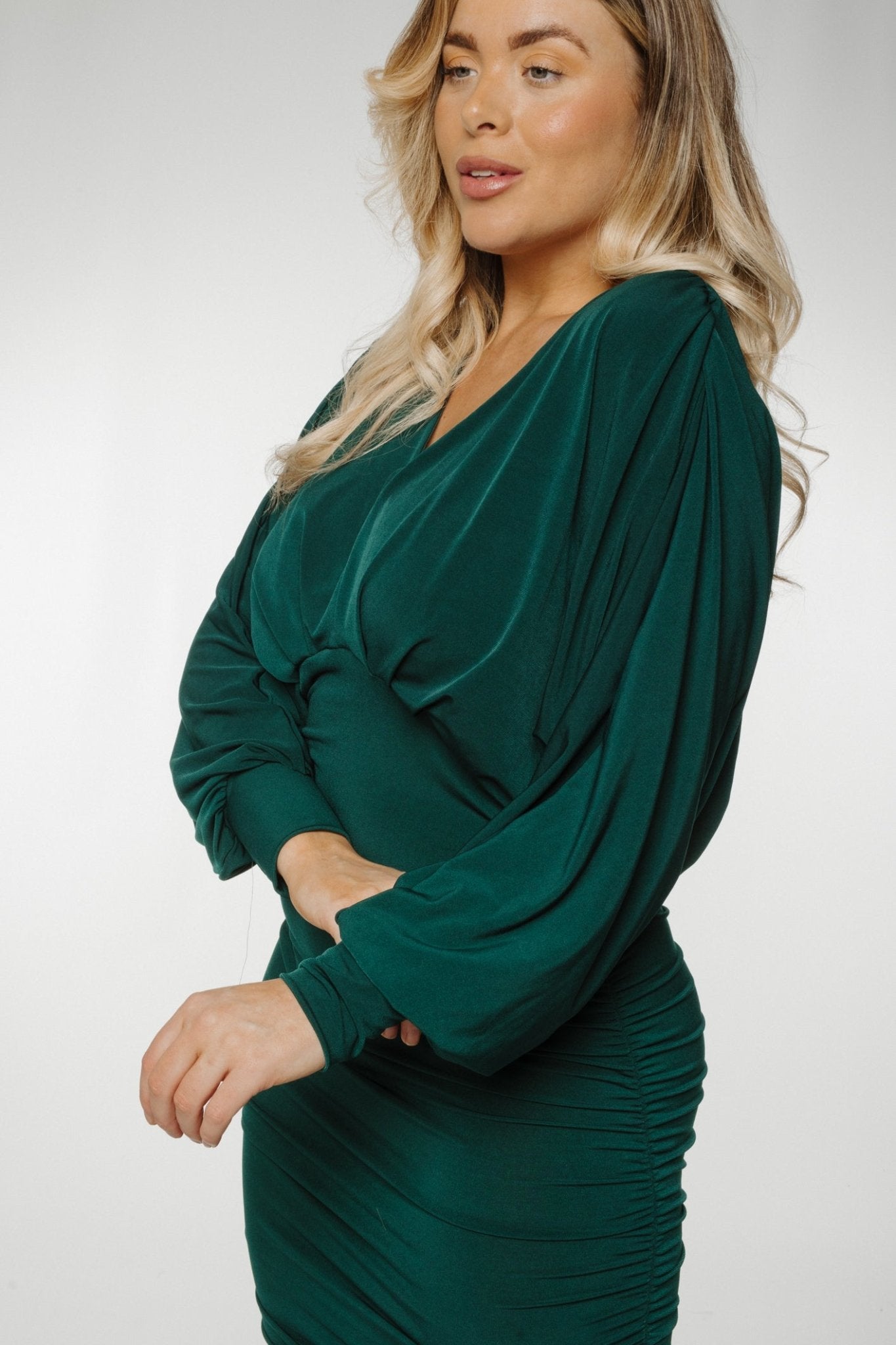 Jade Batwing Sleeve Ruched Dress In Forest Green - The Walk in Wardrobe