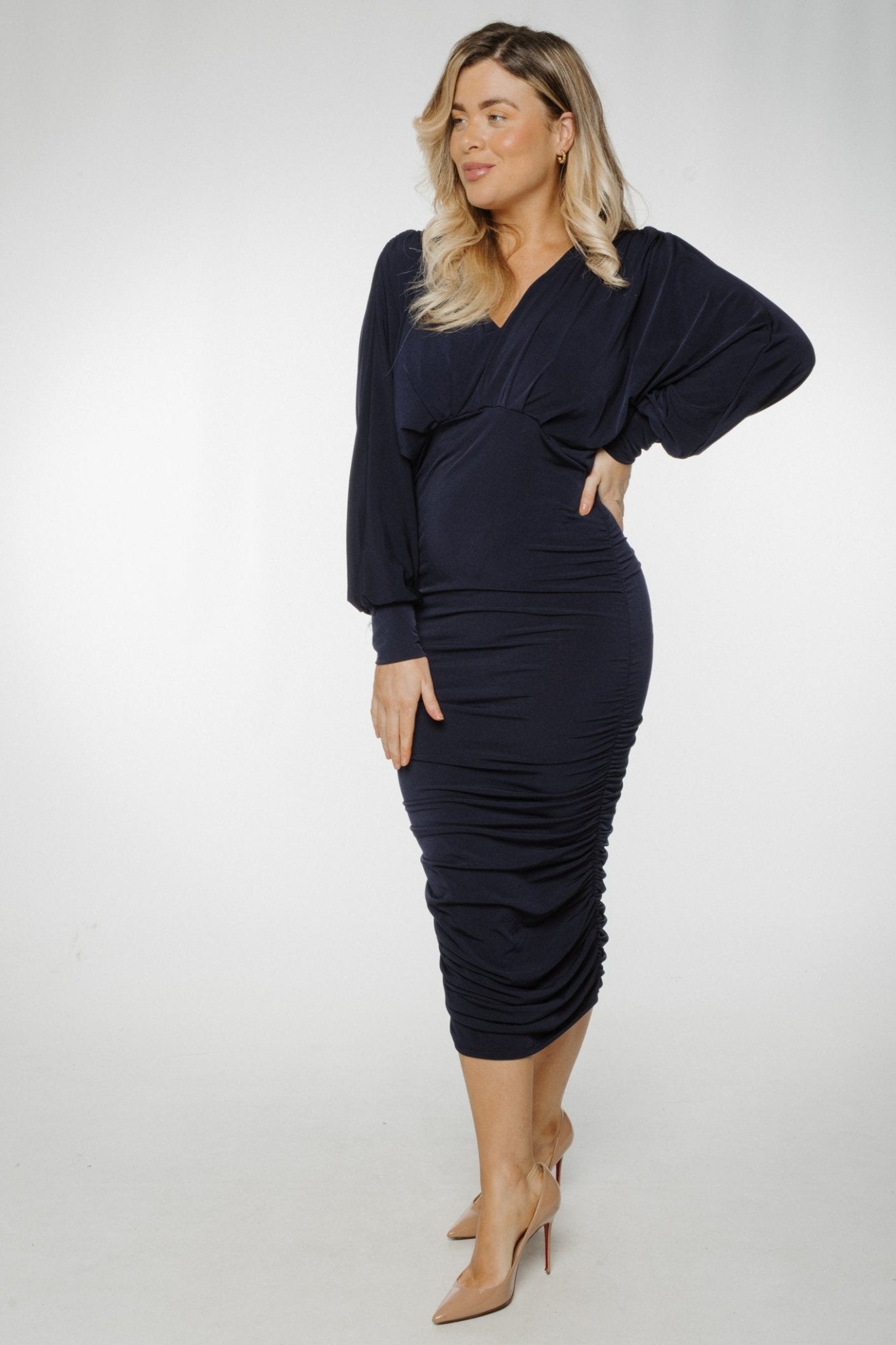 Jade Batwing Sleeve Ruched Dress In Navy - The Walk in Wardrobe