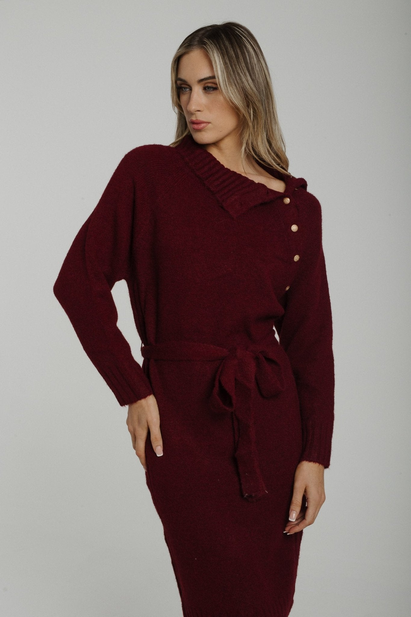 Jane Button Detail Knit Dress In Burgundy - The Walk in Wardrobe