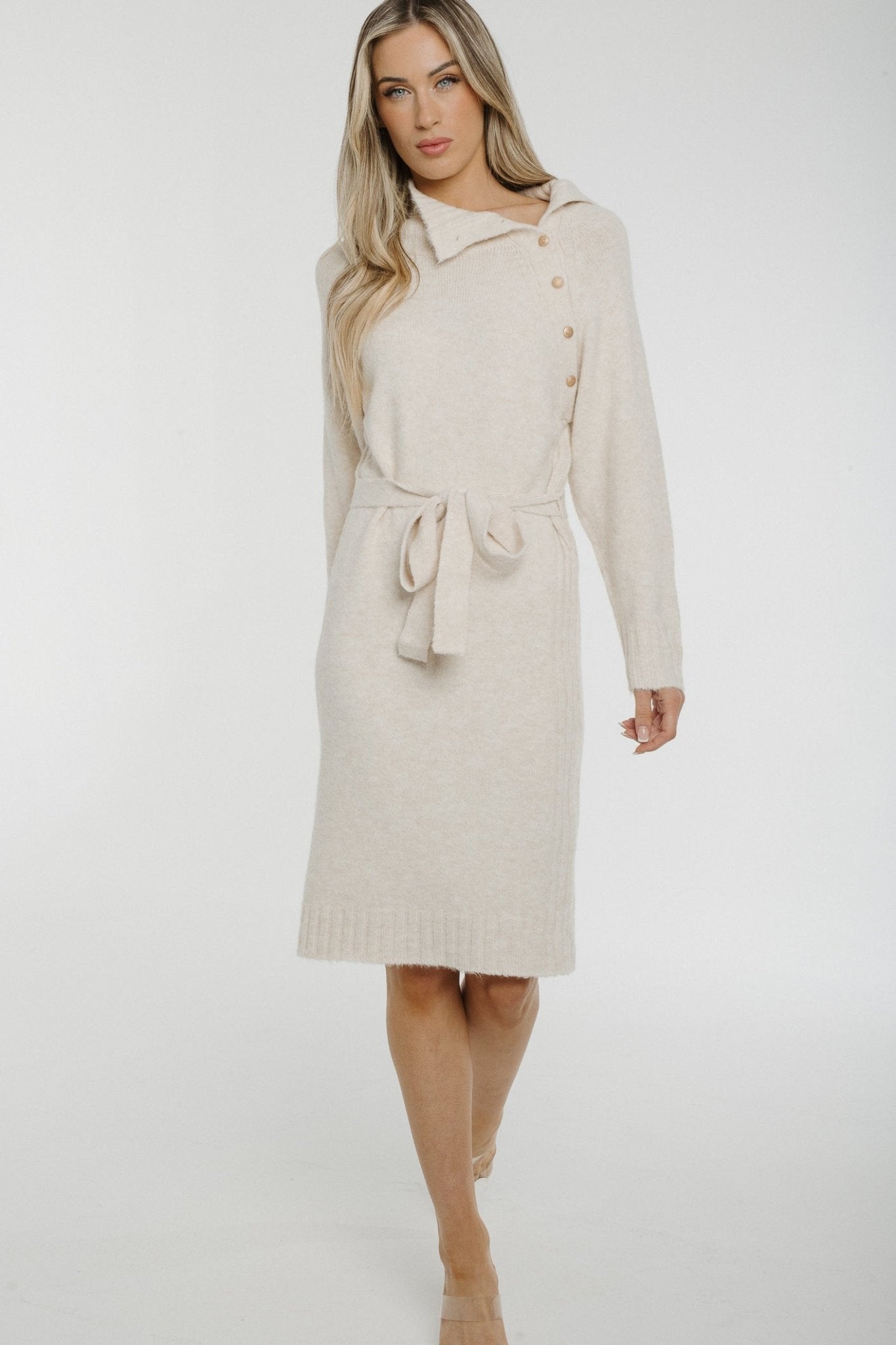 Jane Button Detail Knit Dress In Cream - The Walk in Wardrobe