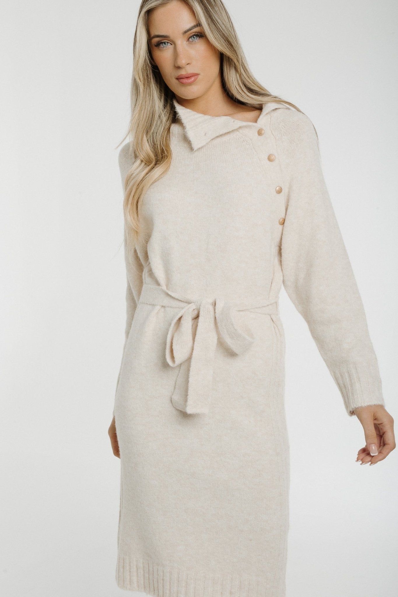 Jane Button Detail Knit Dress In Cream - The Walk in Wardrobe