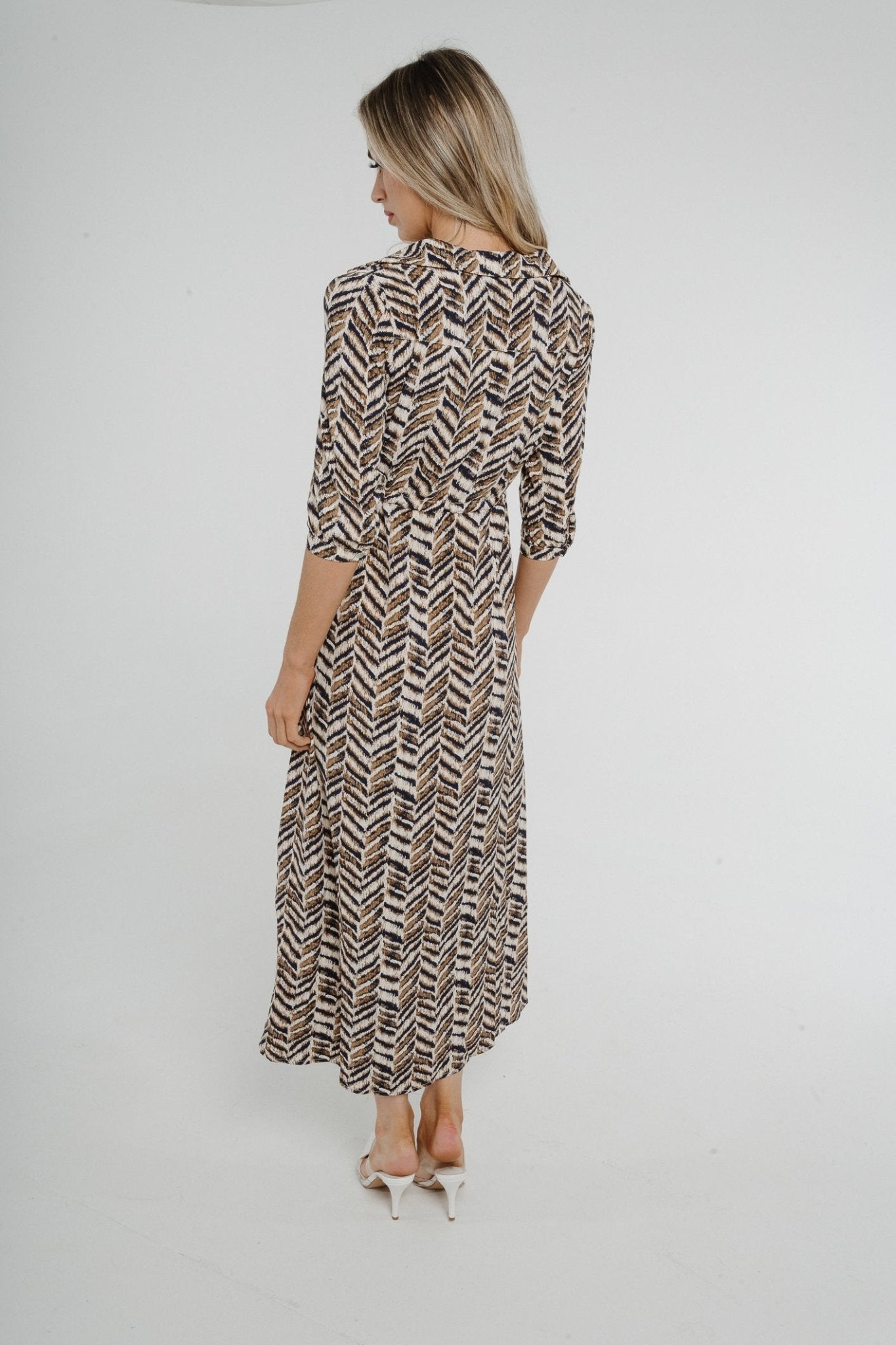 Jane Drawstring Waist Midi Dress In Neutral Mix - The Walk in Wardrobe