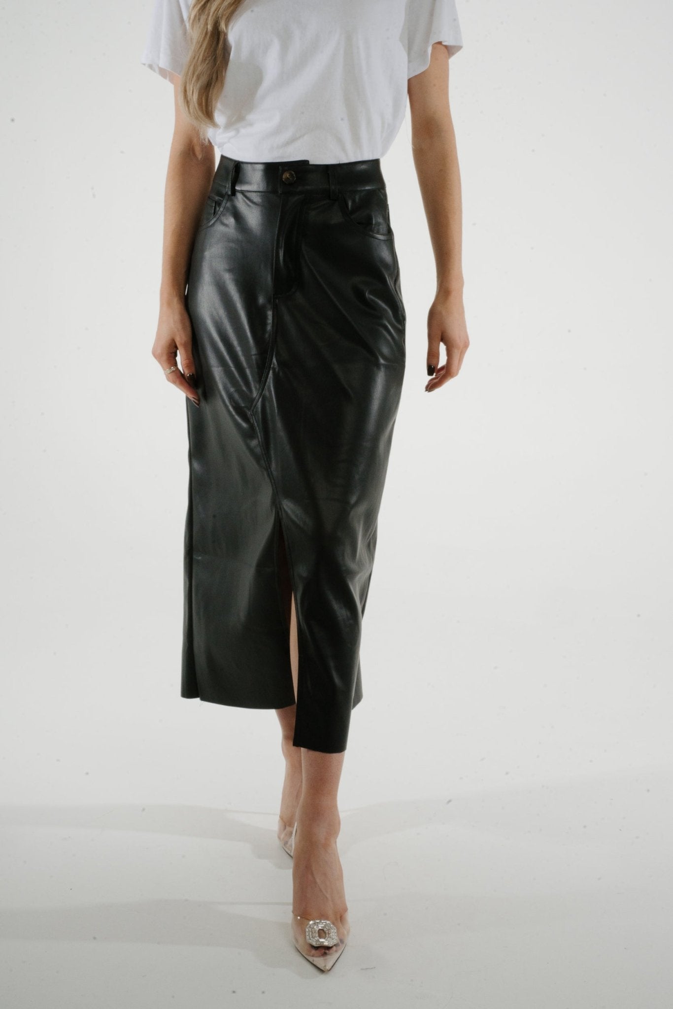 Jane Faux Leather Midi Skirt In Black - The Walk in Wardrobe