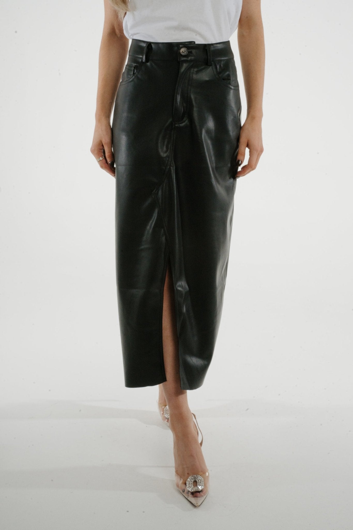 Jane Faux Leather Midi Skirt In Black - The Walk in Wardrobe