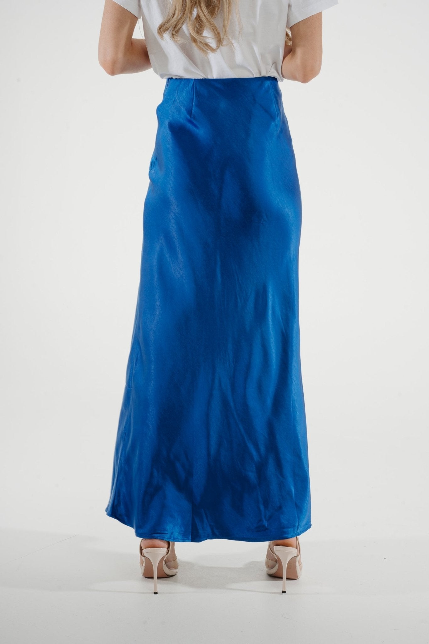 Jane Longline Satin Skirt In Blue - The Walk in Wardrobe