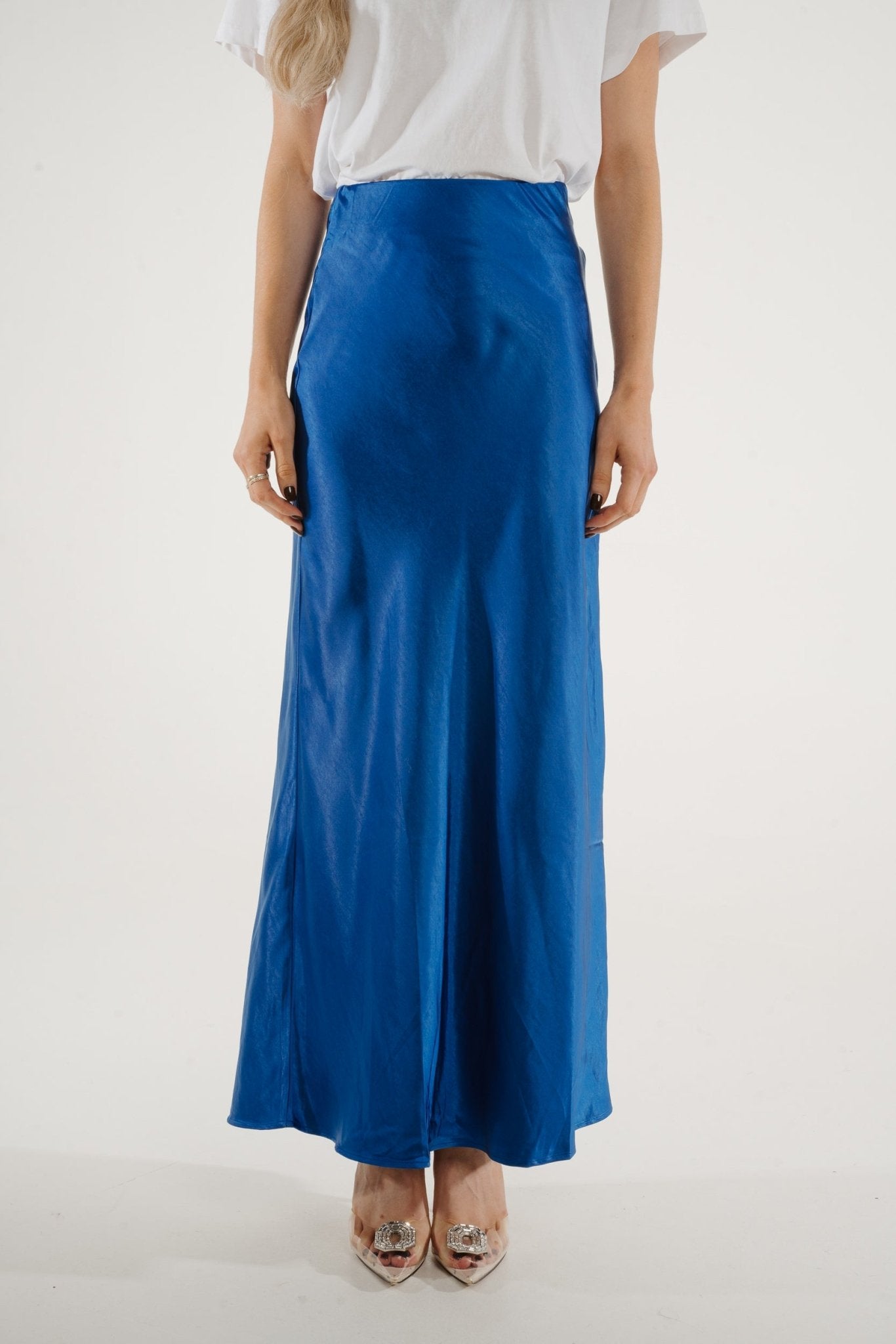 Jane Longline Satin Skirt In Blue - The Walk in Wardrobe