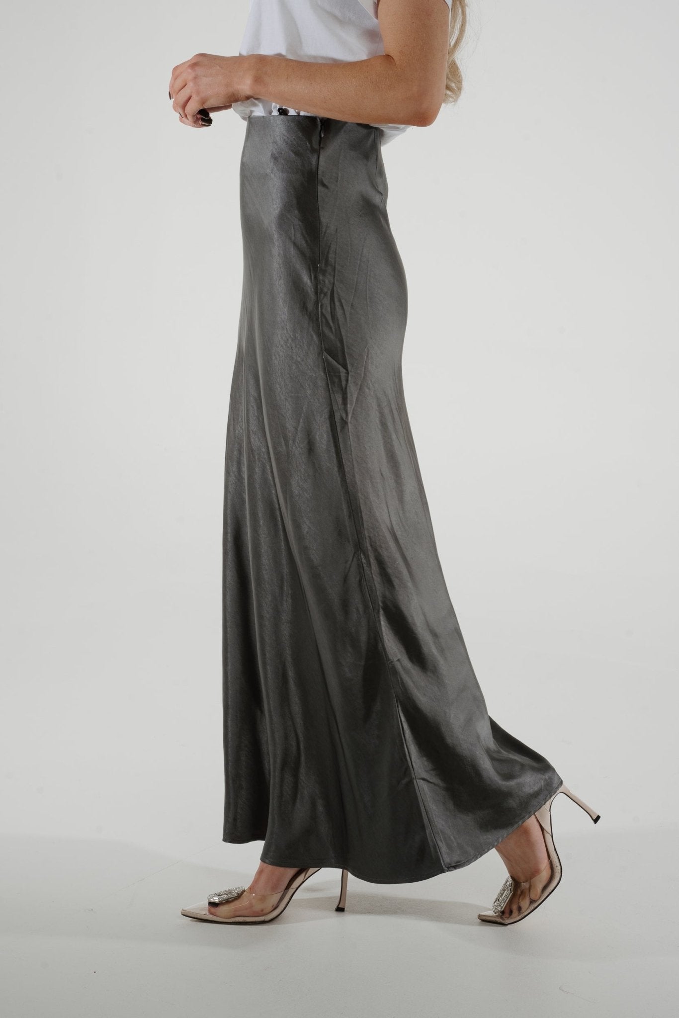 Jane Longline Satin Skirt In Grey - The Walk in Wardrobe