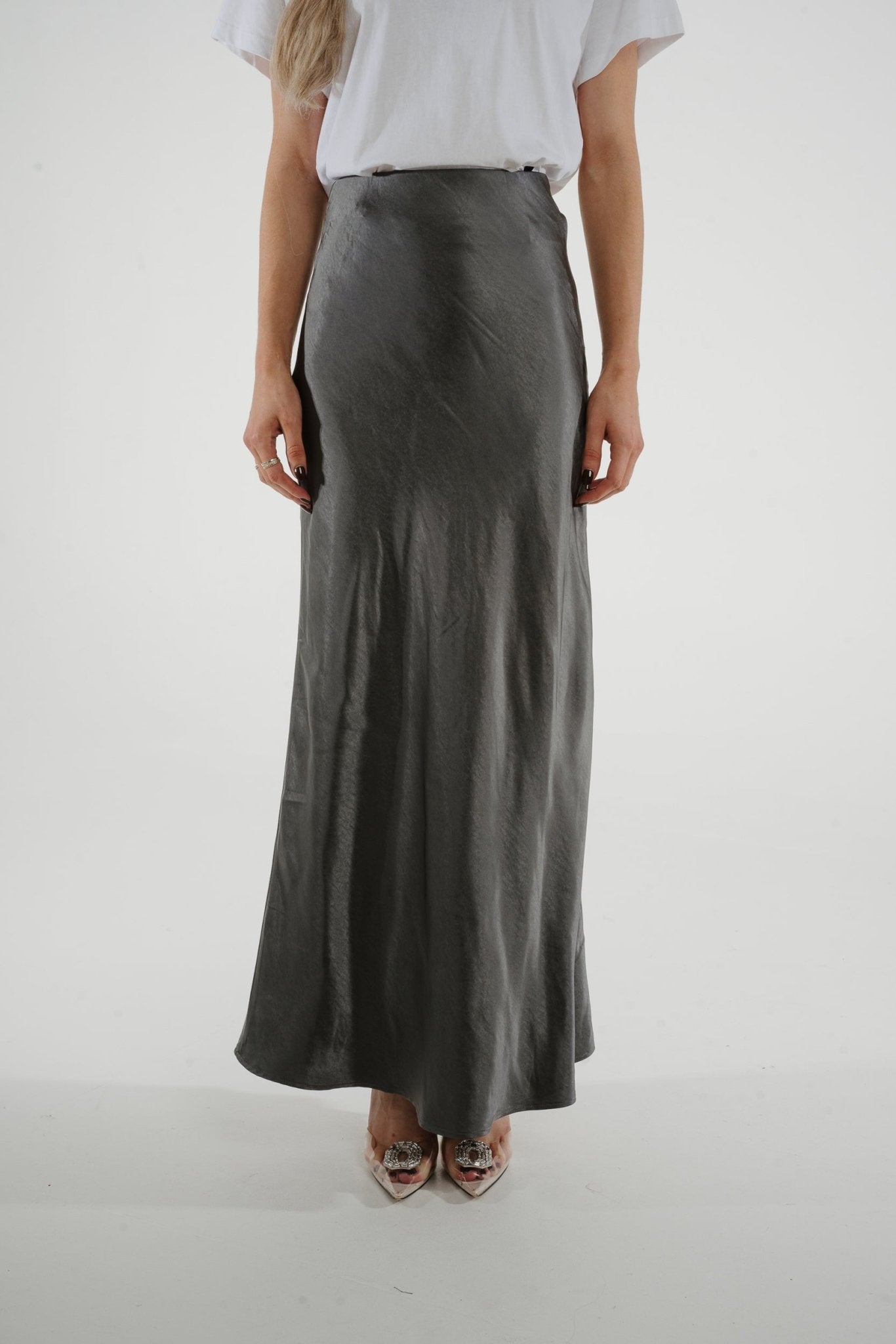 Jane Longline Satin Skirt In Grey - The Walk in Wardrobe