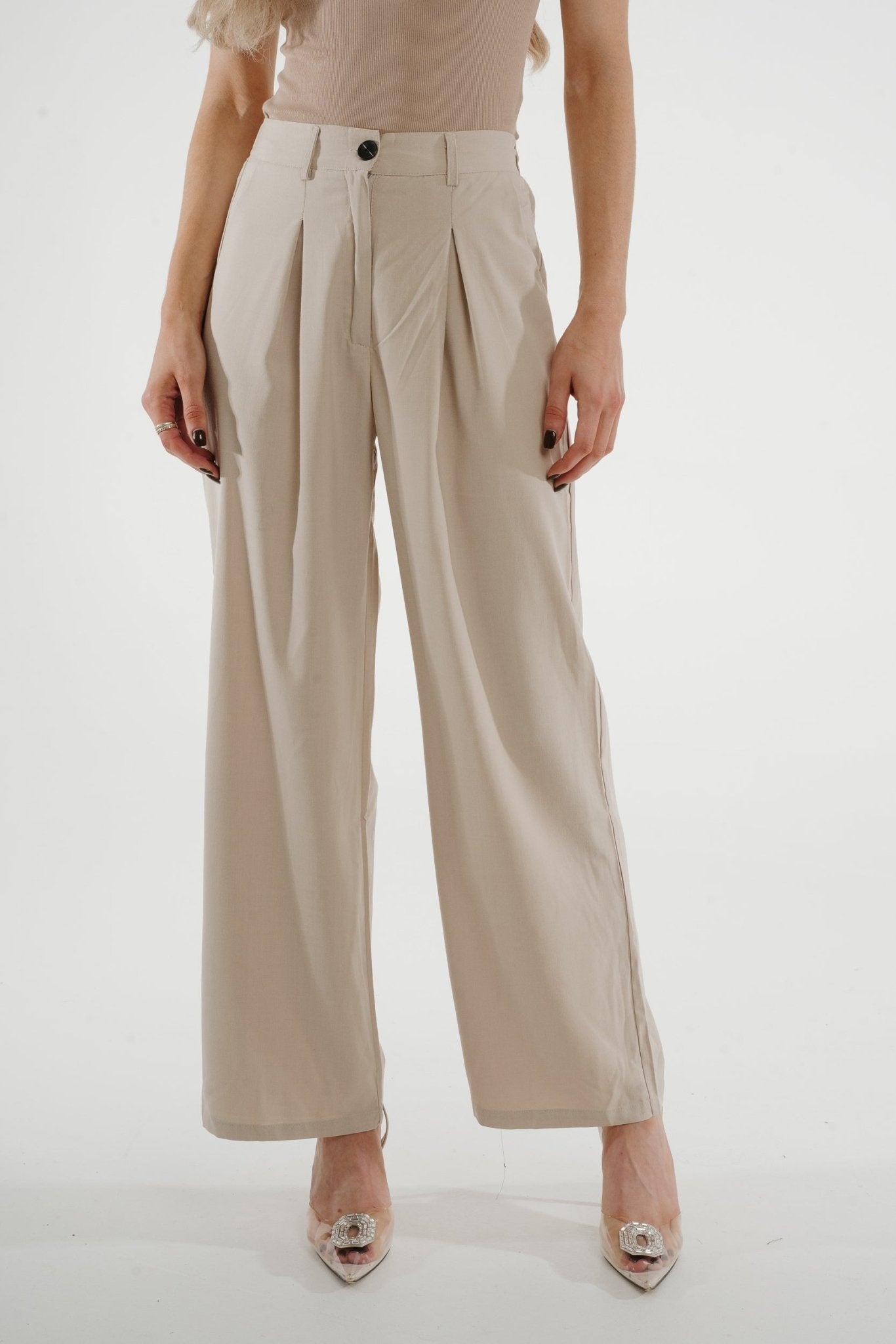 Jane Pleat Front Trouser In Neutral - The Walk in Wardrobe