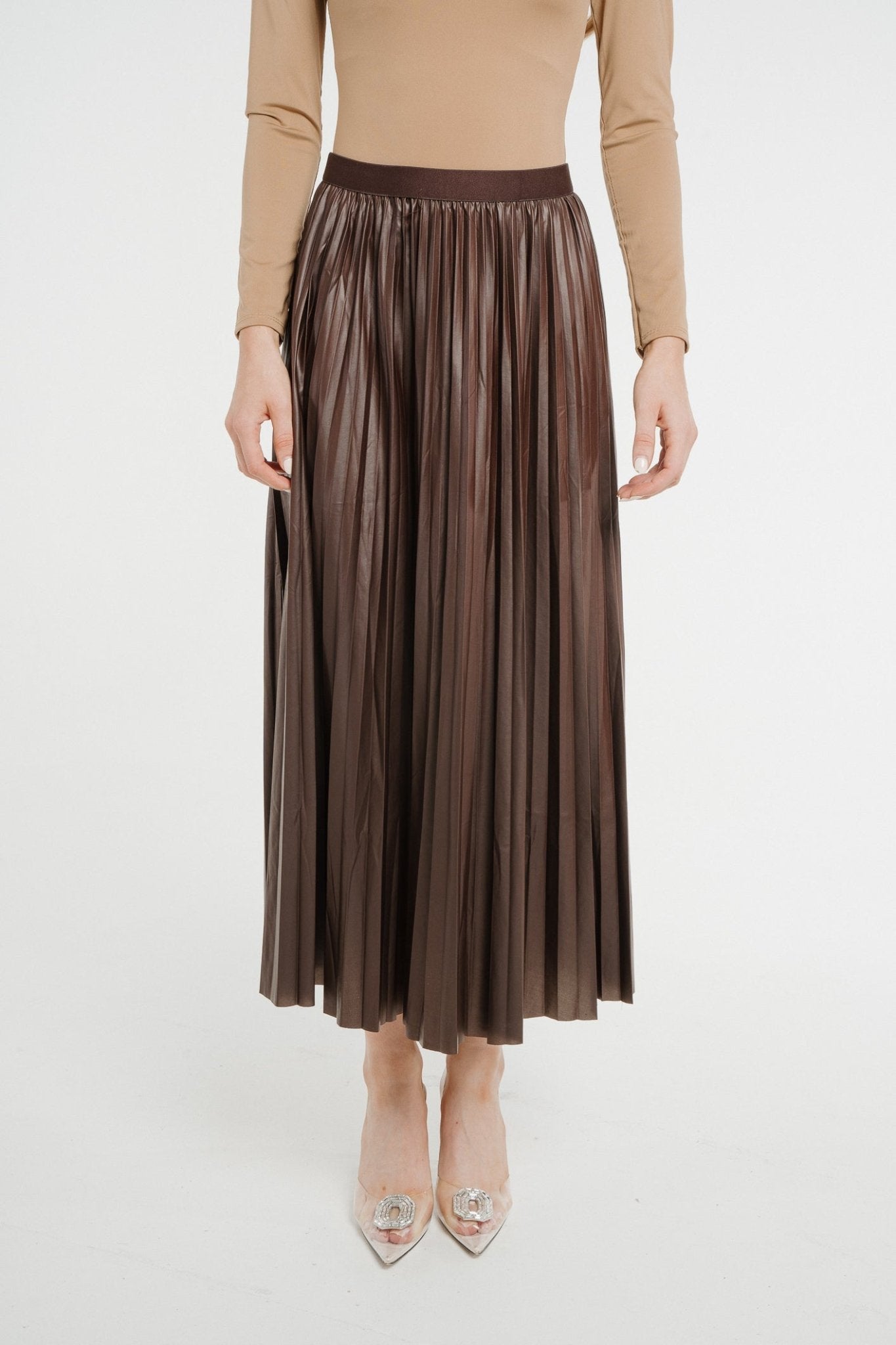 Jane Pleated Midi Skirt In Chocolate - The Walk in Wardrobe