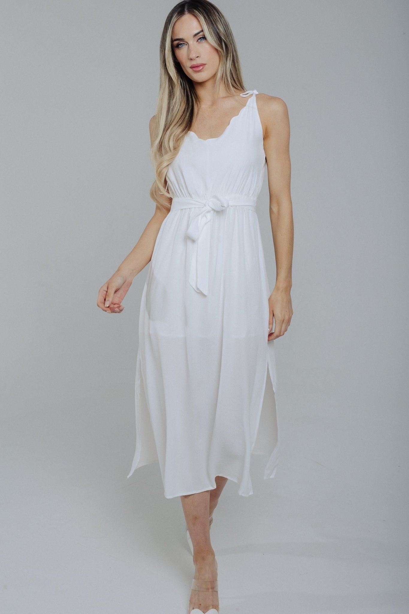Jane Tie Shoulder Detail Dress In White - The Walk in Wardrobe