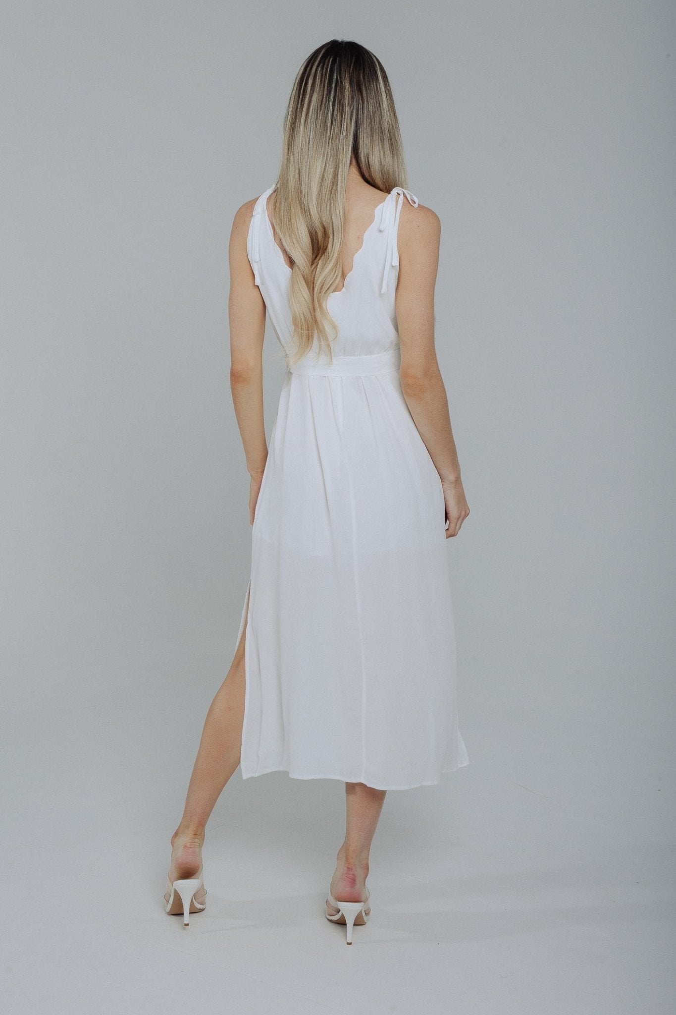 Jane Tie Shoulder Detail Dress In White - The Walk in Wardrobe