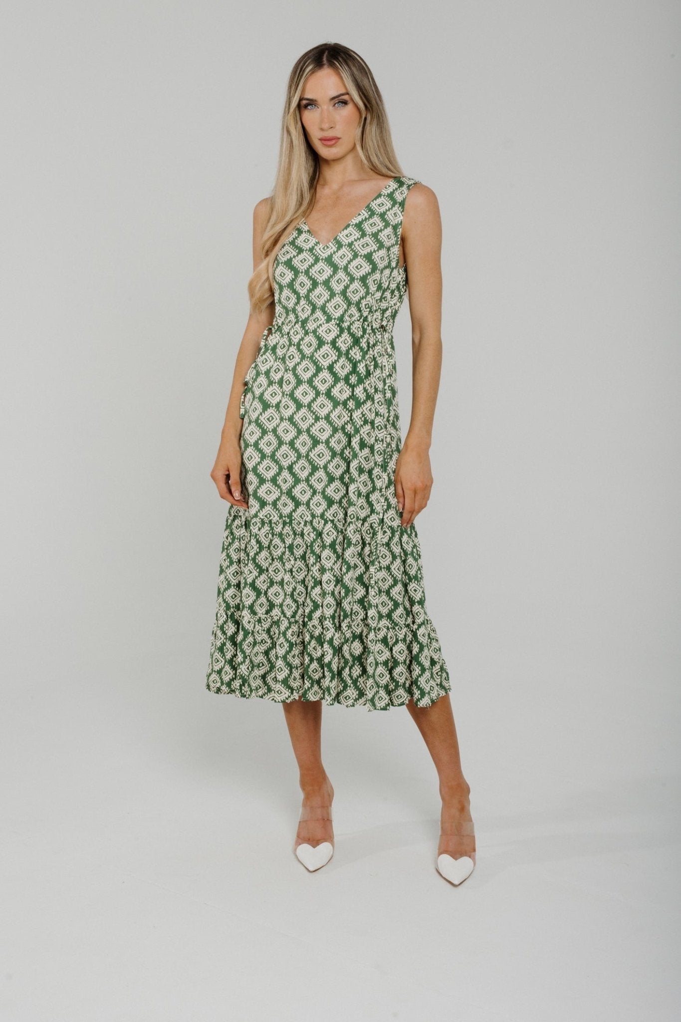 Jane Tie Waist Sleeveless Dress In Green & Cream - The Walk in Wardrobe