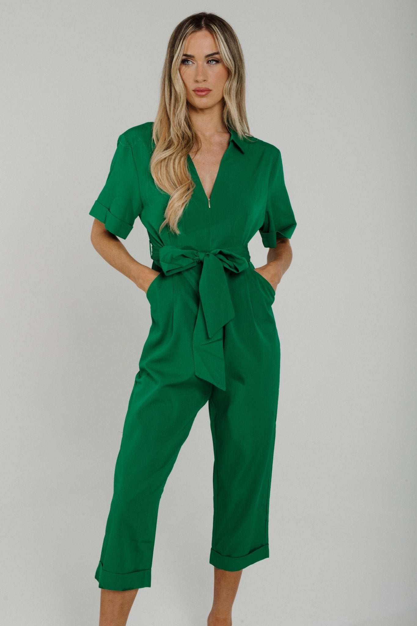 Jane Zip Front Jumpsuit In Green - The Walk in Wardrobe