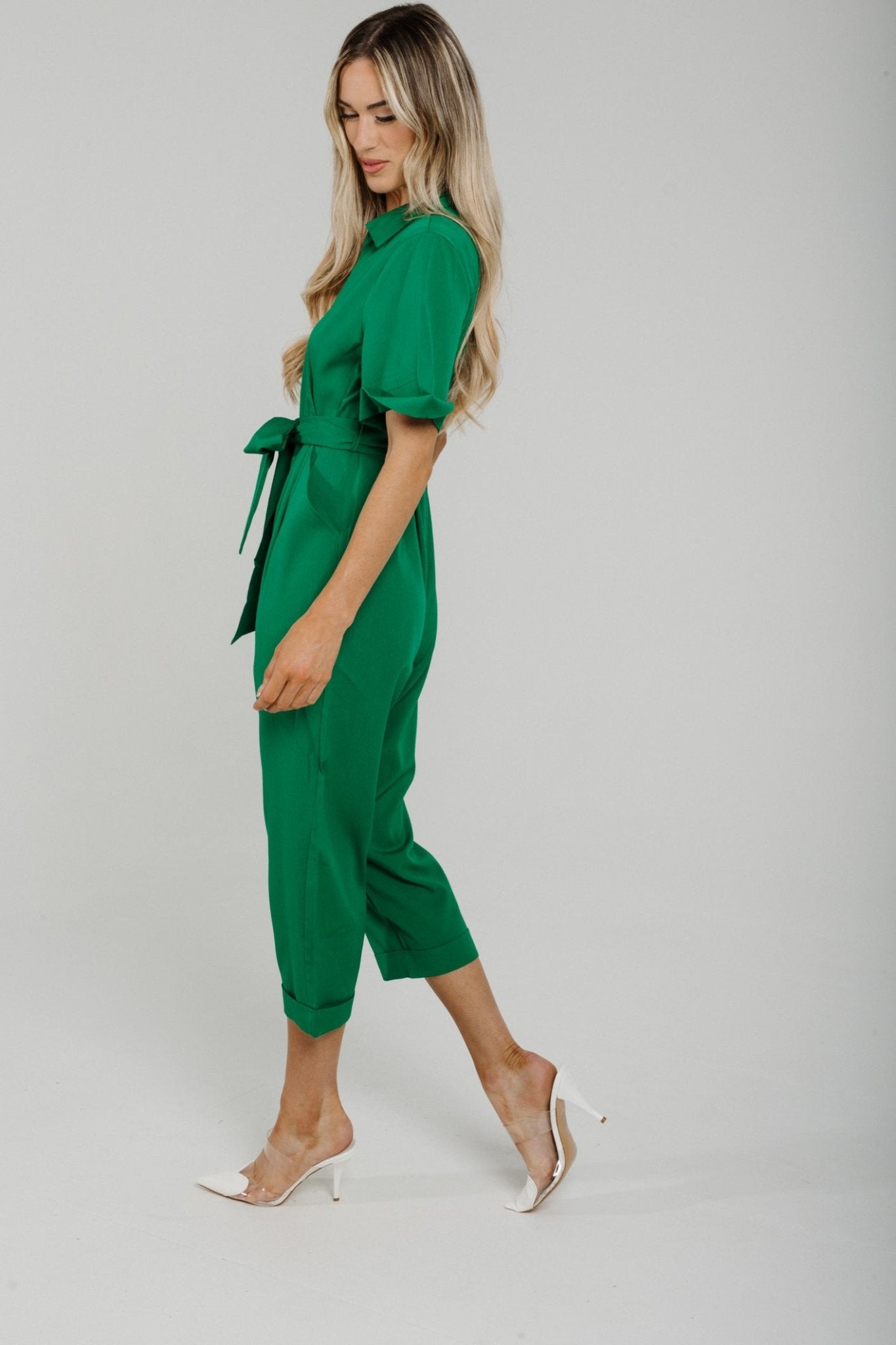Jane Zip Front Jumpsuit In Green - The Walk in Wardrobe