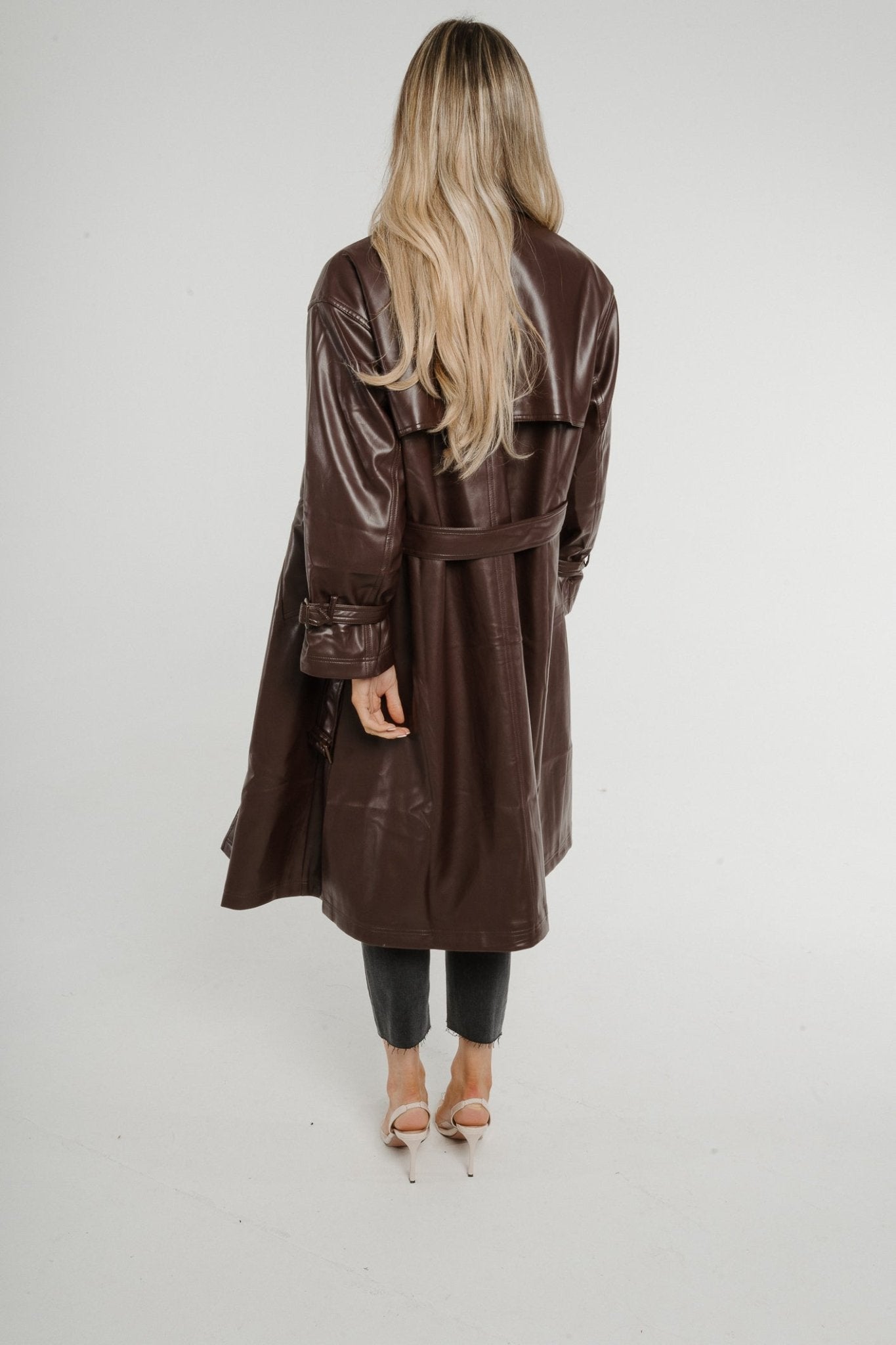 Jasmine Faux Leather Trench Coat In Chocolate - The Walk in Wardrobe