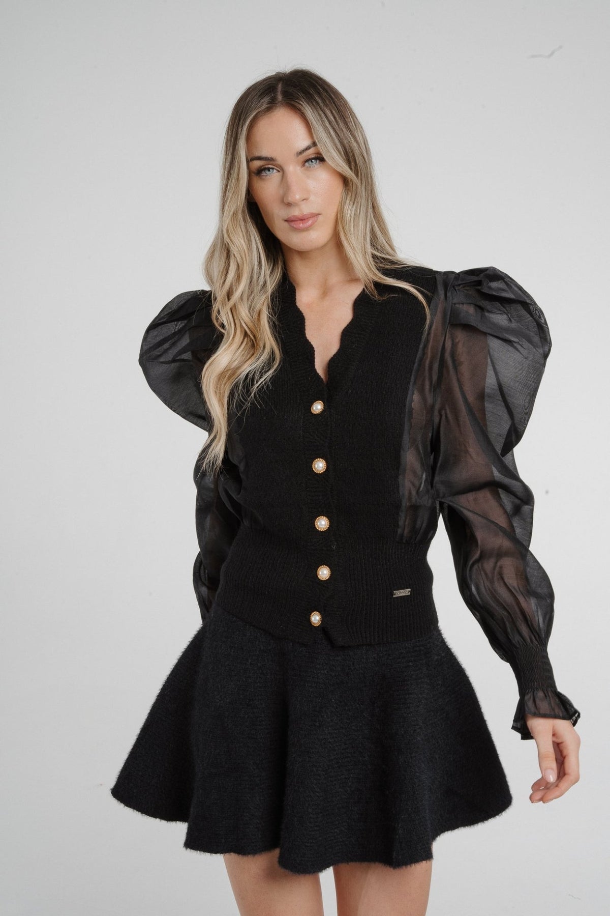 Jasmine Mesh Puff Sleeve Cardigan In Black - The Walk in Wardrobe