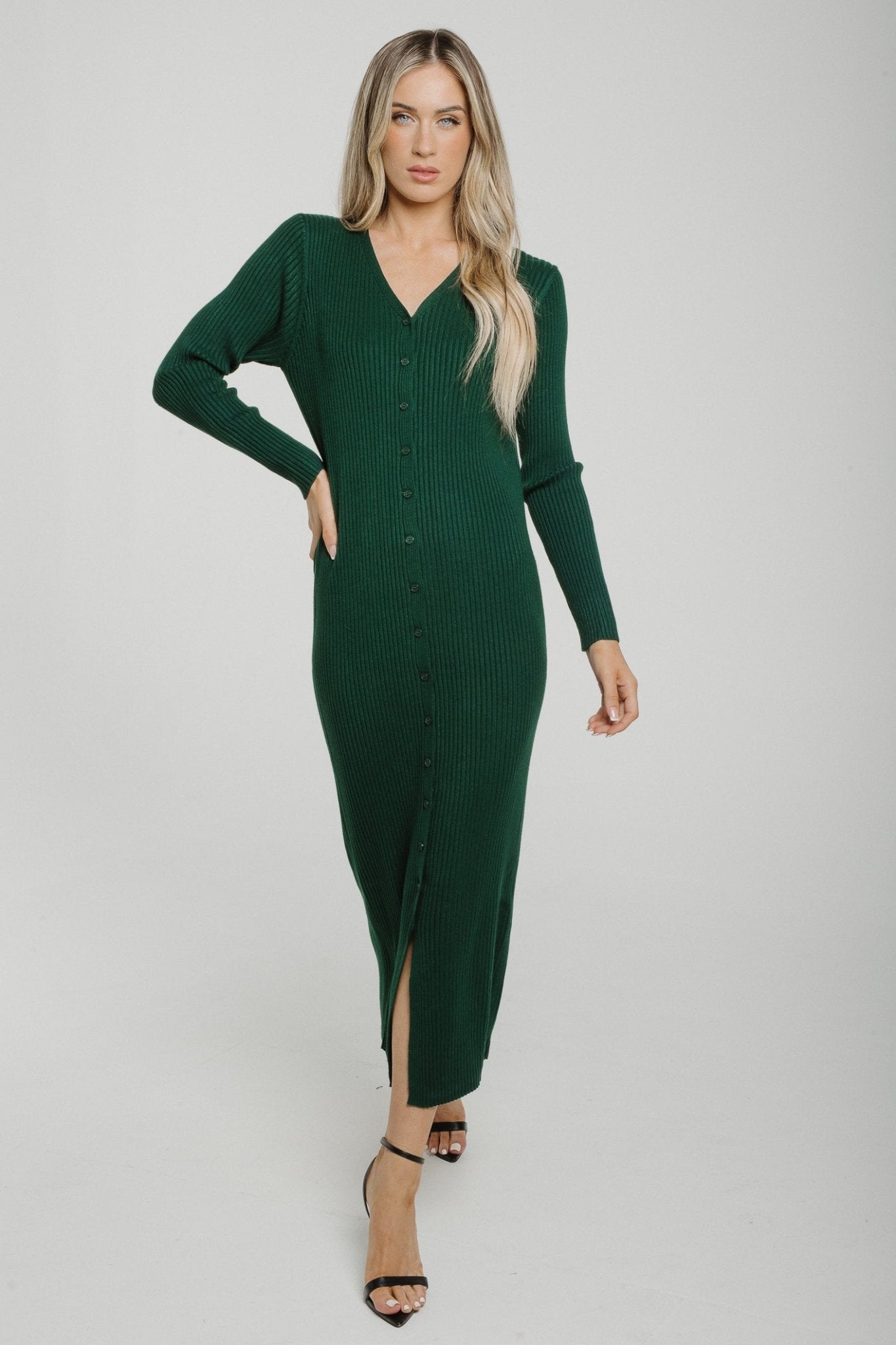 Jayme Button Front Midi Dress In Dark Green - The Walk in Wardrobe