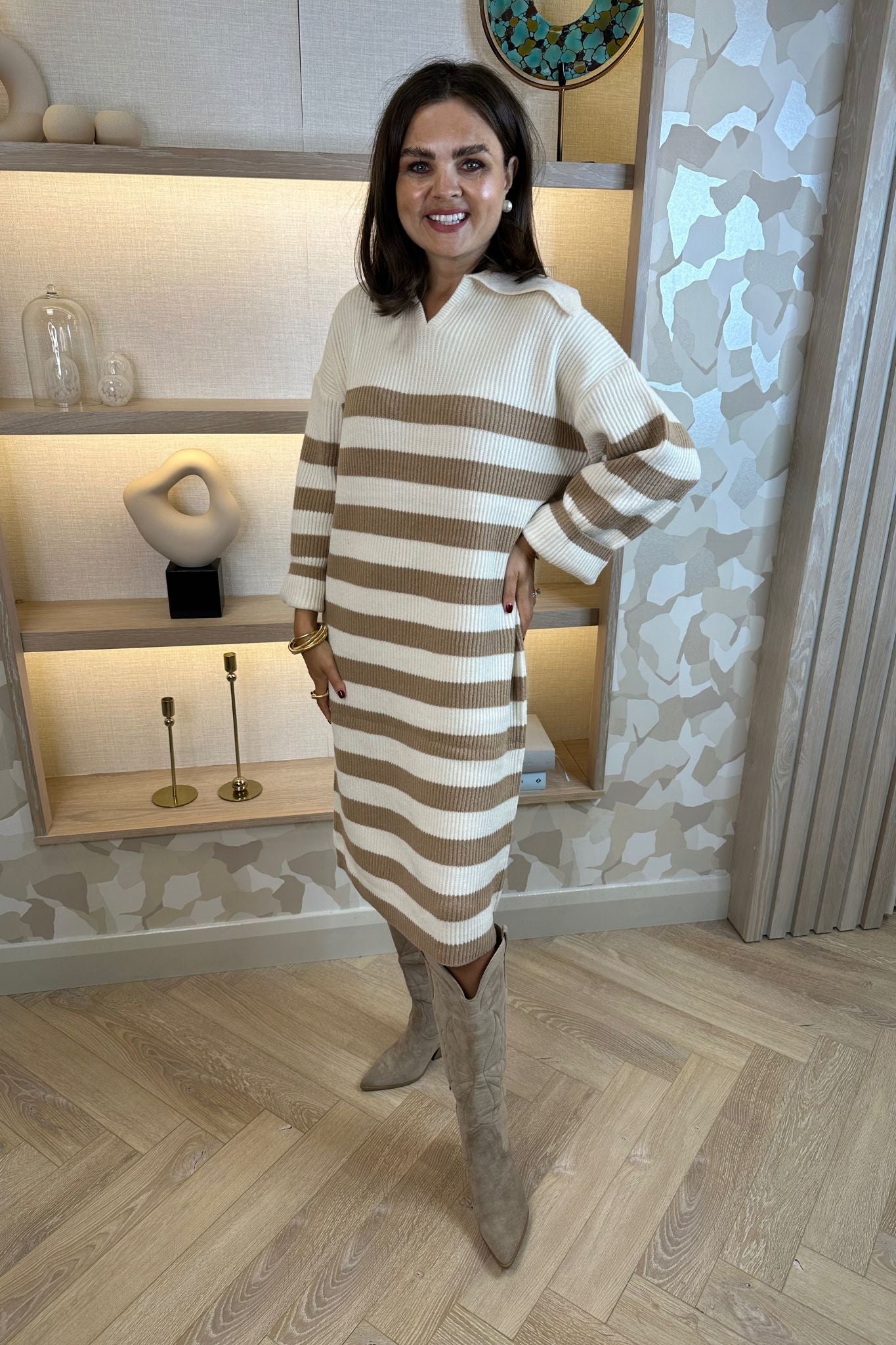 Jayme Knit Midi Dress In Beige & Tan - The Walk in Wardrobe