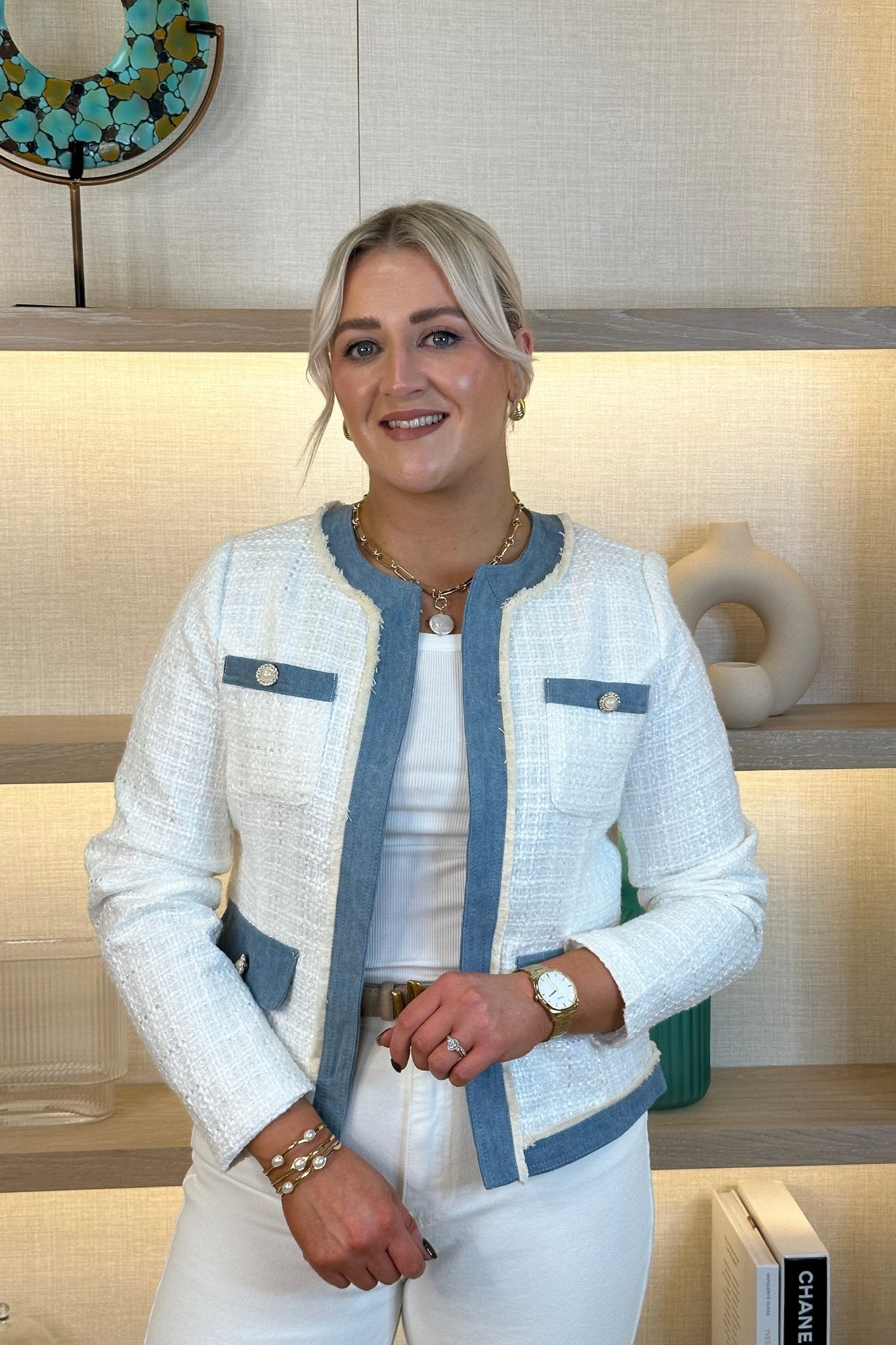 Julia Denim Trim Tweed Jacket In White - The Walk in Wardrobe