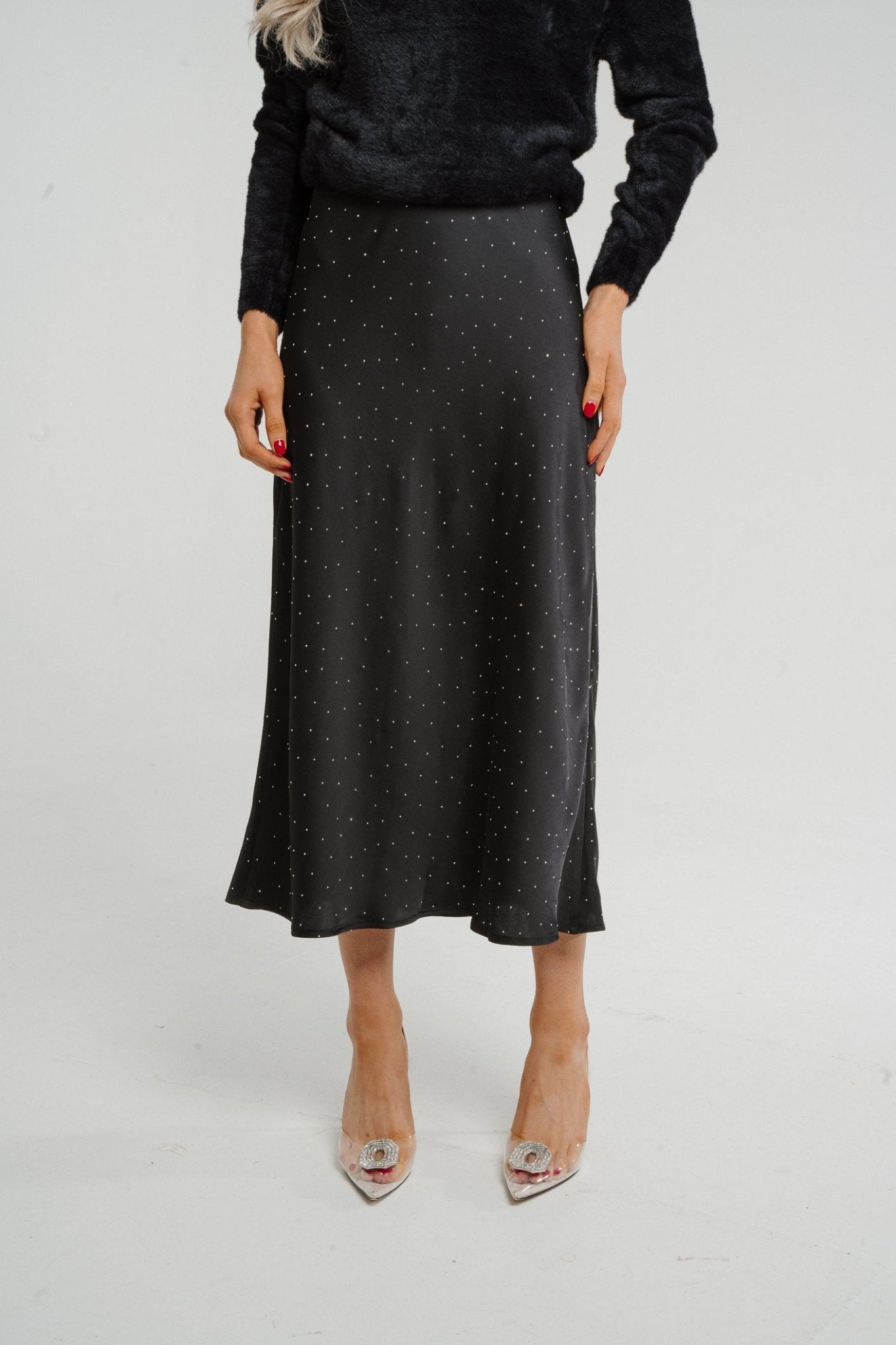 Kate Embellished Satin Midi Skirt In Black - The Walk in Wardrobe
