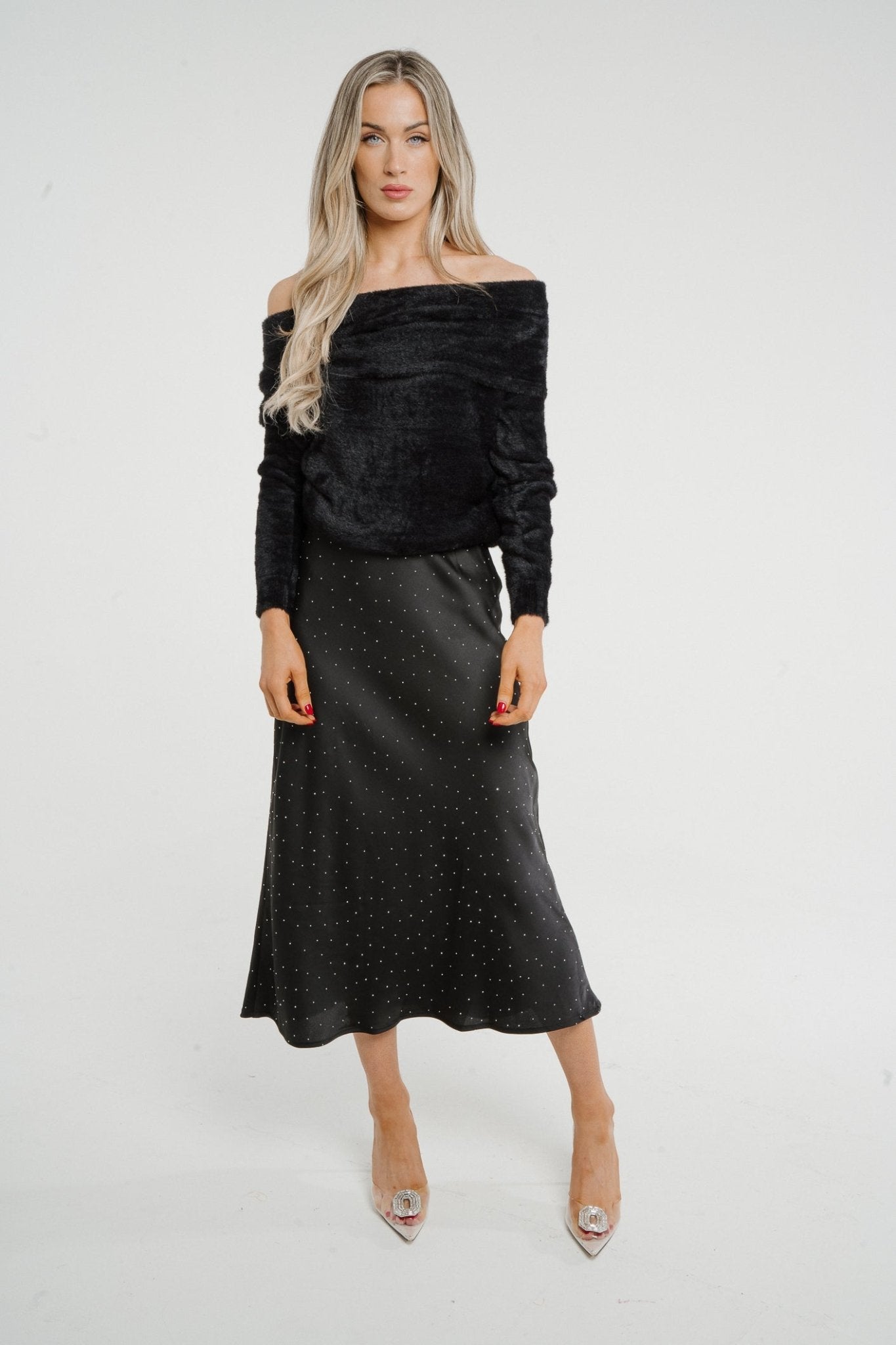 Kate Embellished Satin Midi Skirt In Black - The Walk in Wardrobe