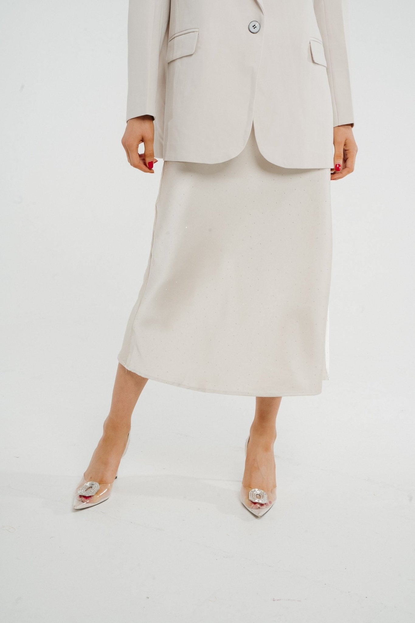 Kate Embellished Satin Midi Skirt In Cream - The Walk in Wardrobe