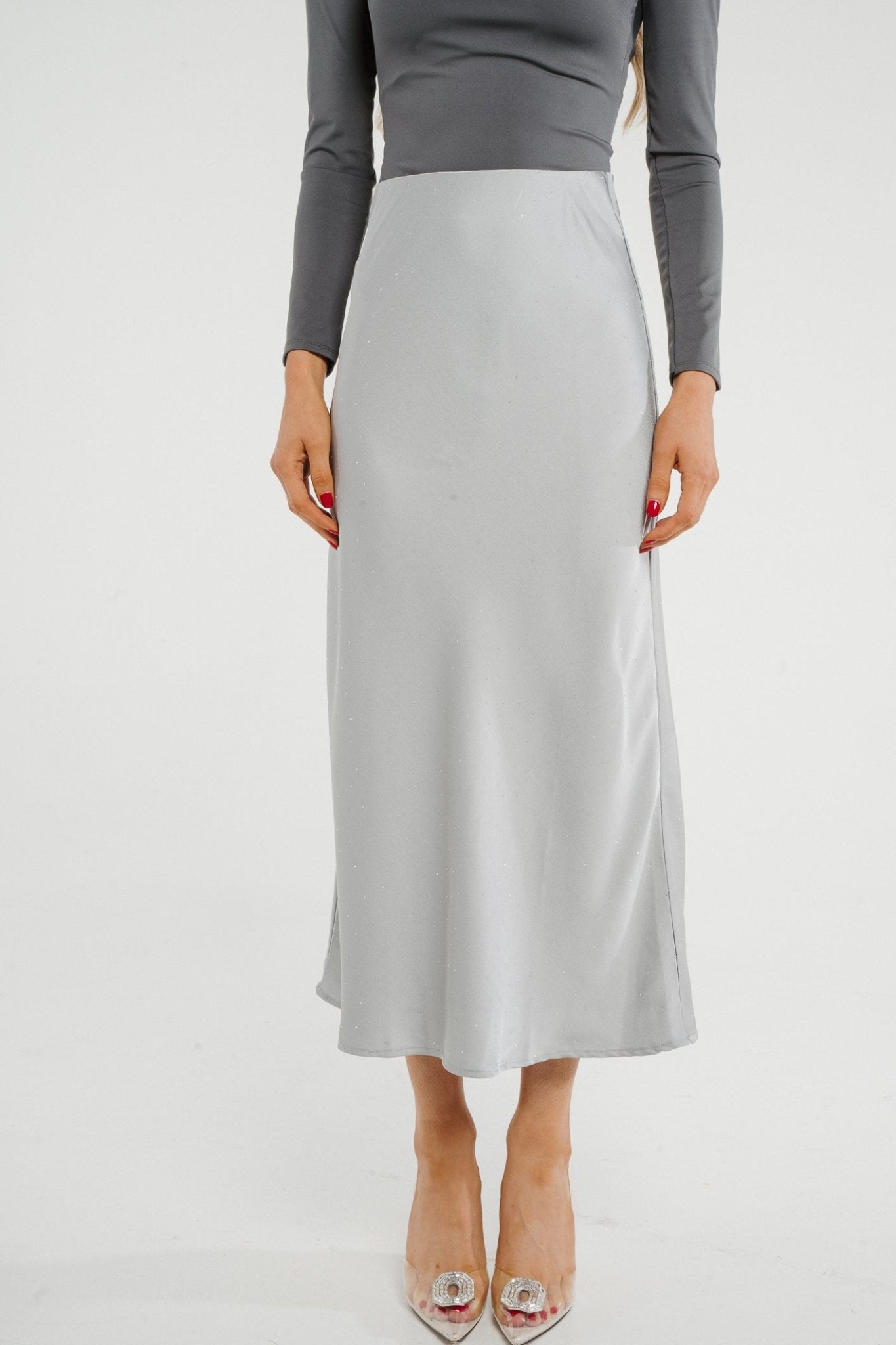Kate Embellished Satin Midi Skirt In Silver - The Walk in Wardrobe