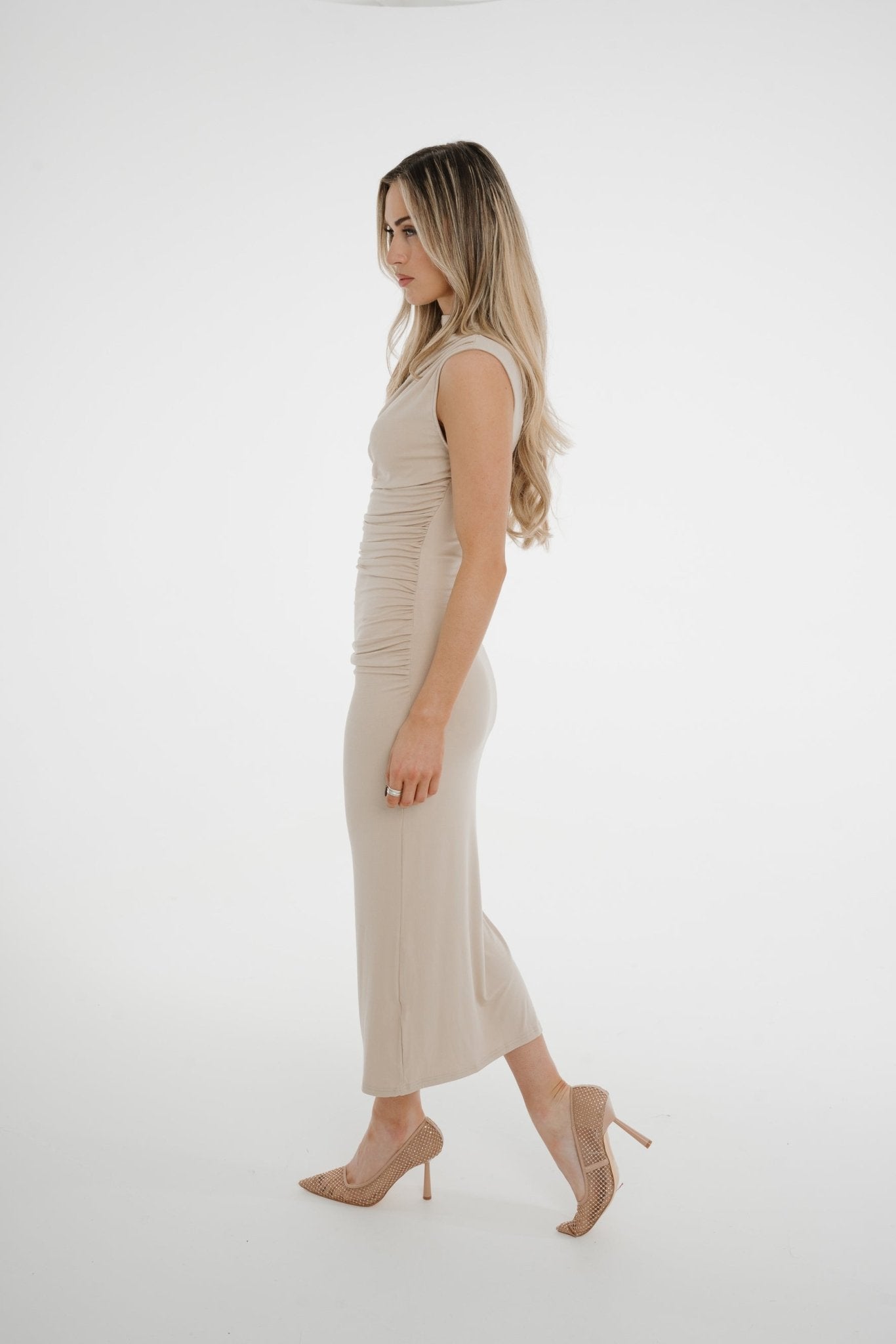Kate Ruched Dress In Neutral - The Walk in Wardrobe