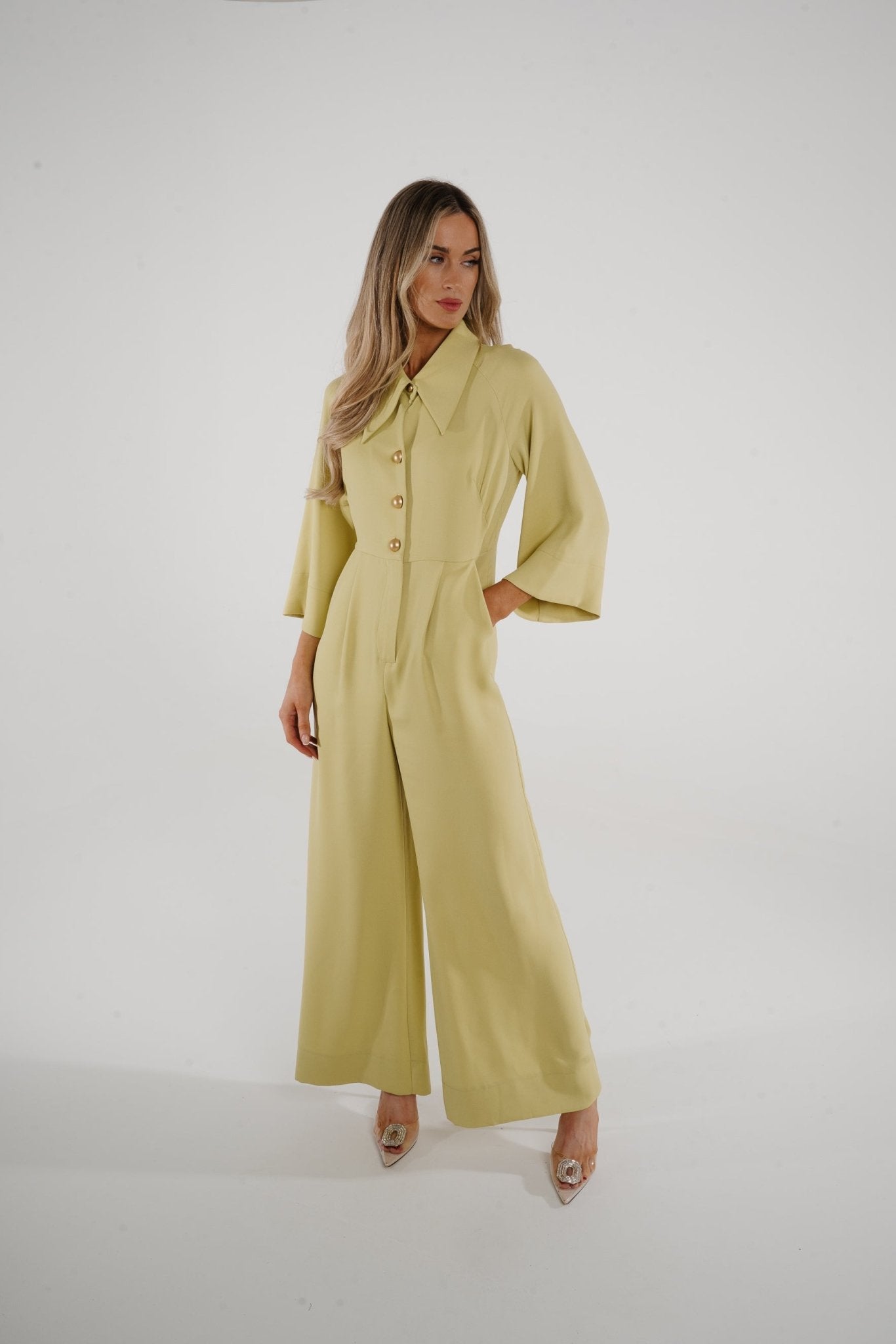 Kayla Button Front Jumpsuit In Lime - The Walk in Wardrobe