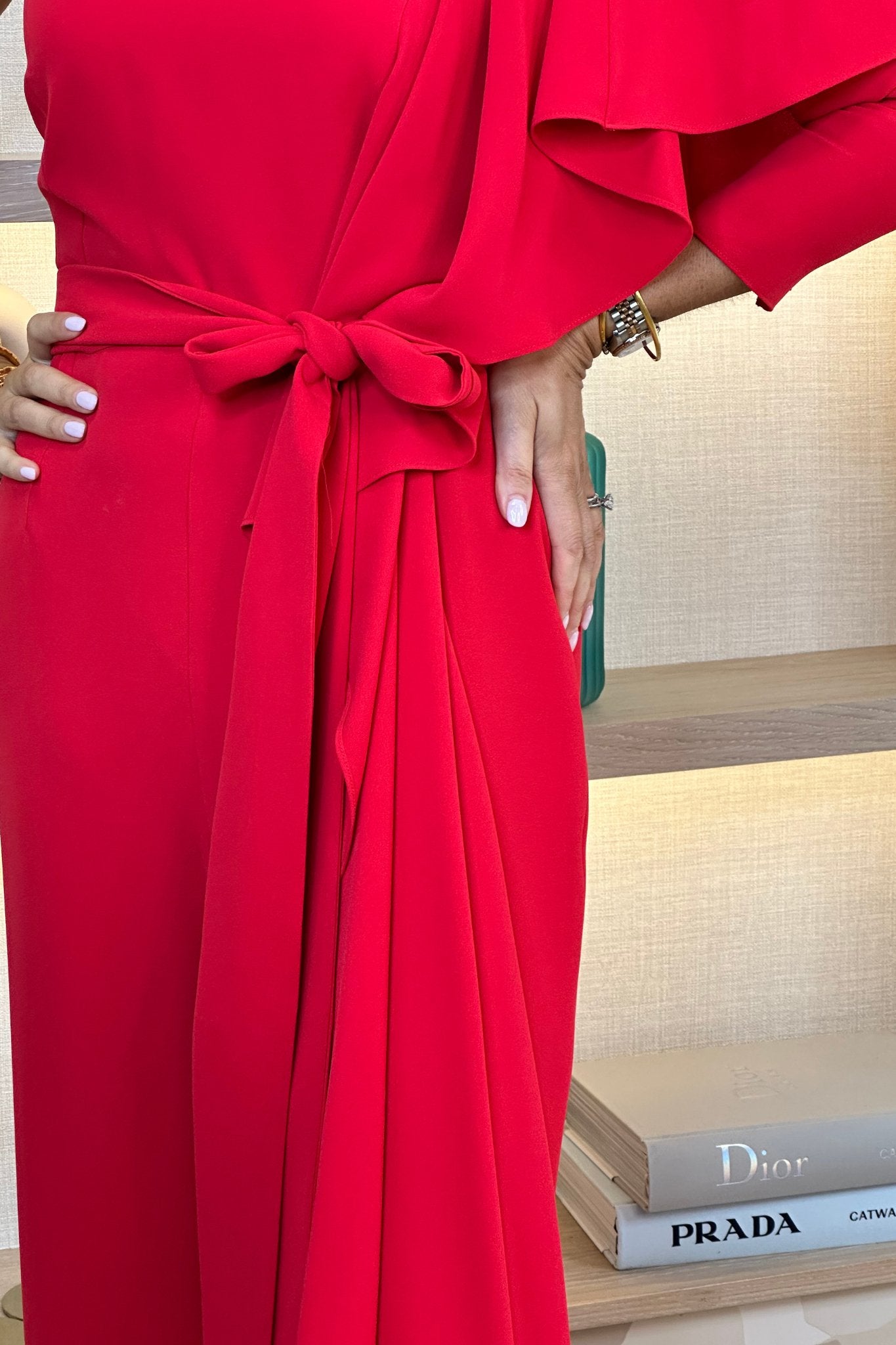 Kayla Frill Shoulder Jumpsuit In Red - The Walk in Wardrobe