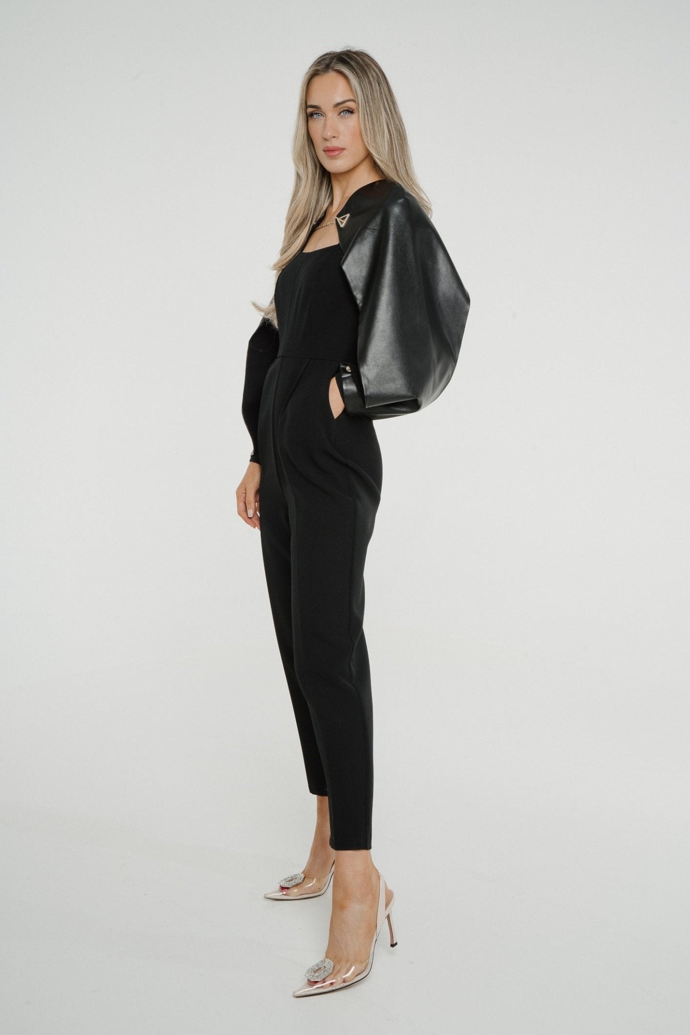 Kayla Leather Trim Jumpsuit In Black - The Walk in Wardrobe