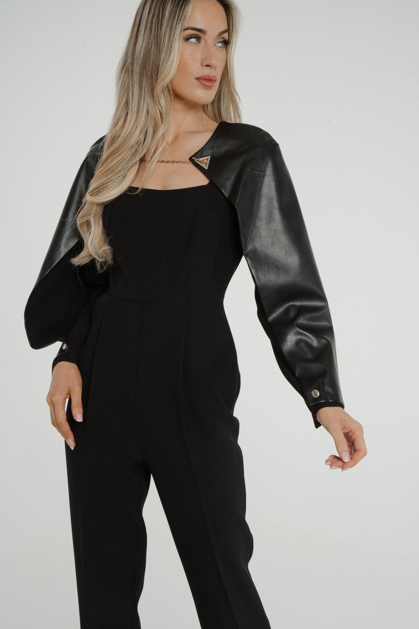 Kayla Leather Trim Jumpsuit In Black - The Walk in Wardrobe