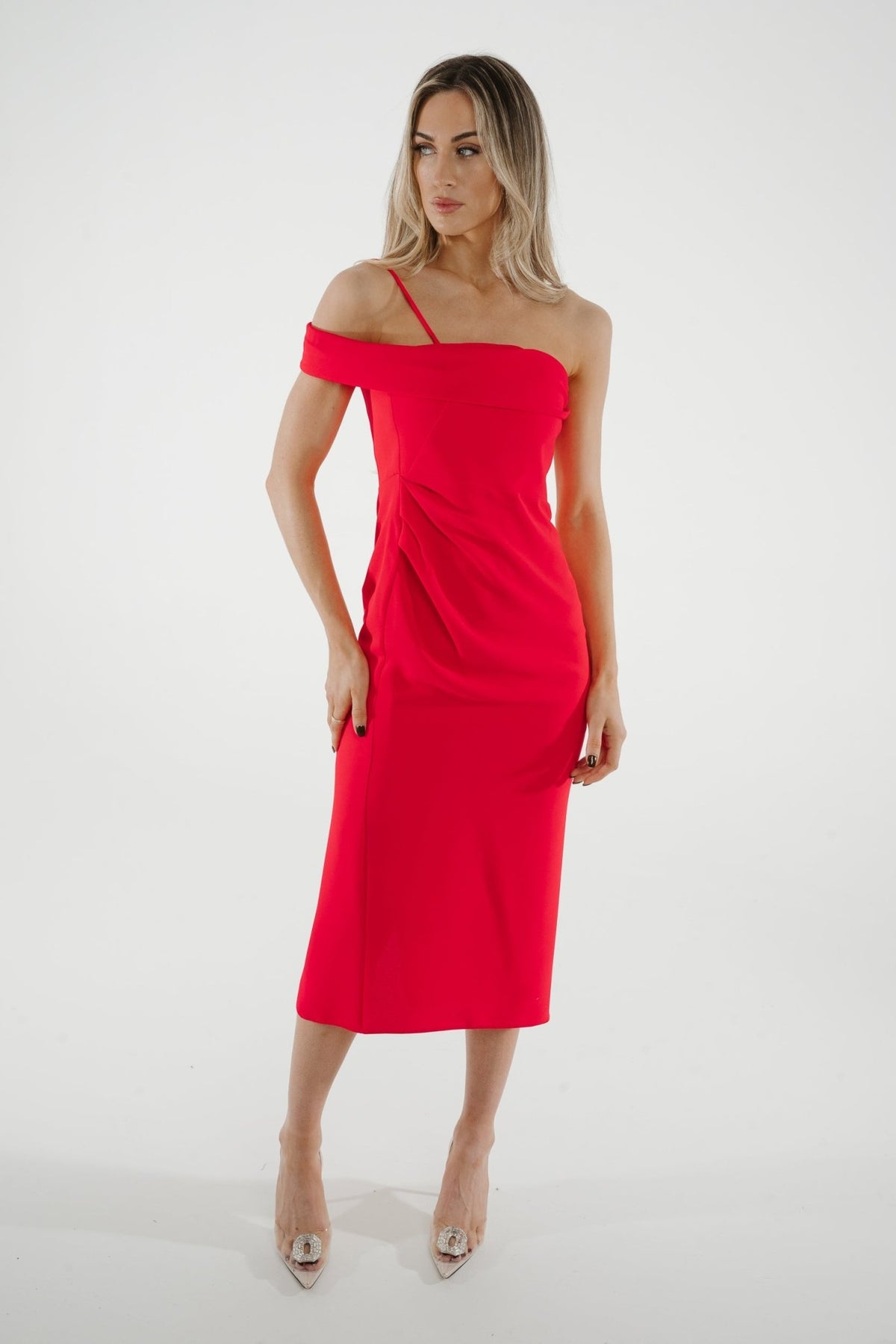 Kayla One Shoulder Dress In Coral Red - The Walk in Wardrobe