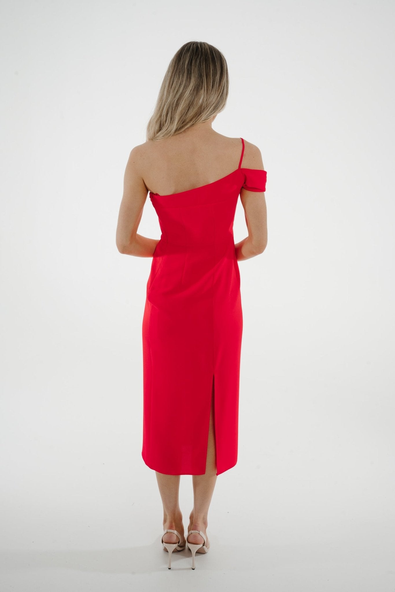 Kayla One Shoulder Dress In Coral Red - The Walk in Wardrobe