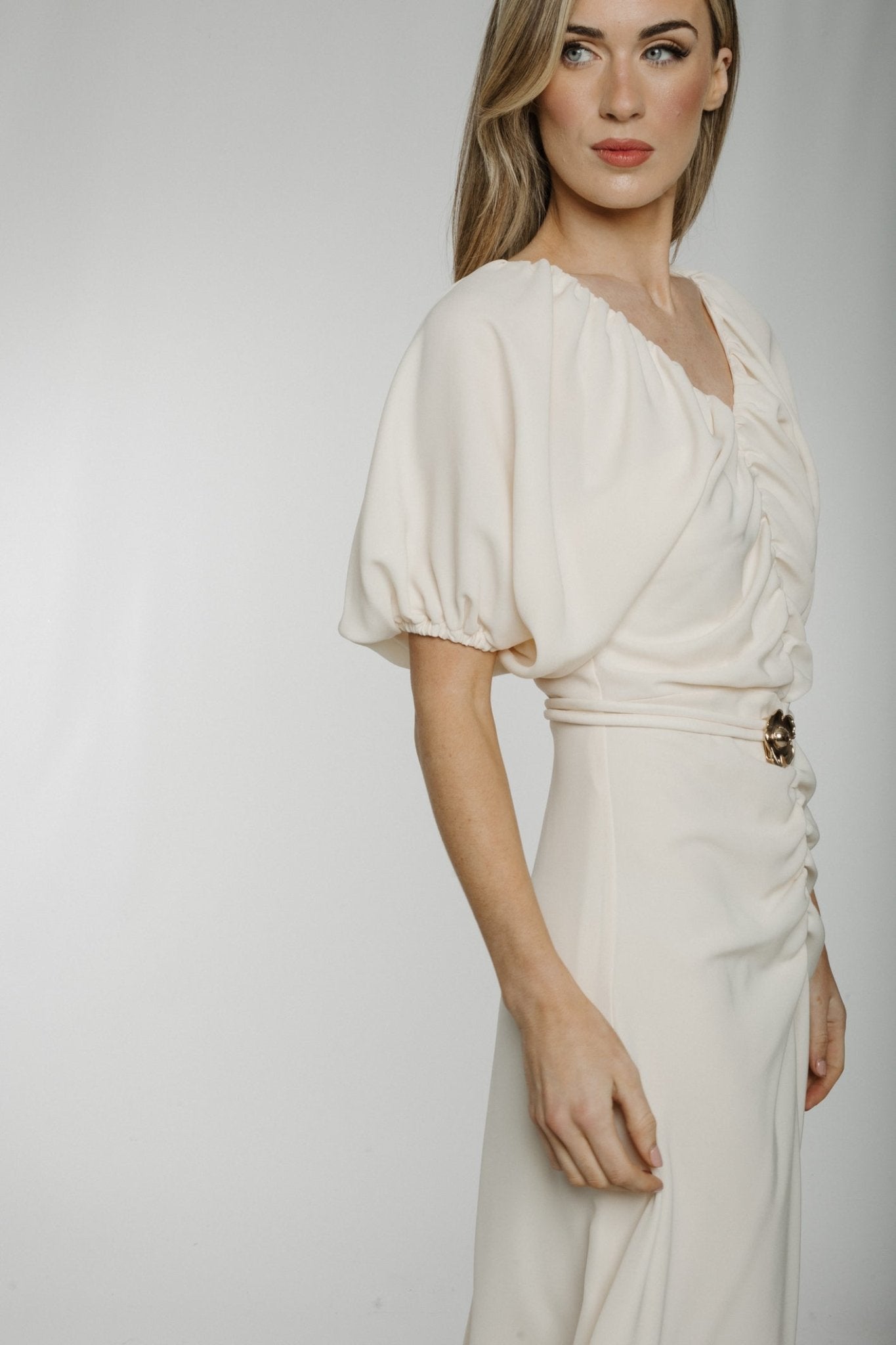 Kayla Ruched Front Dress In Cream - The Walk in Wardrobe