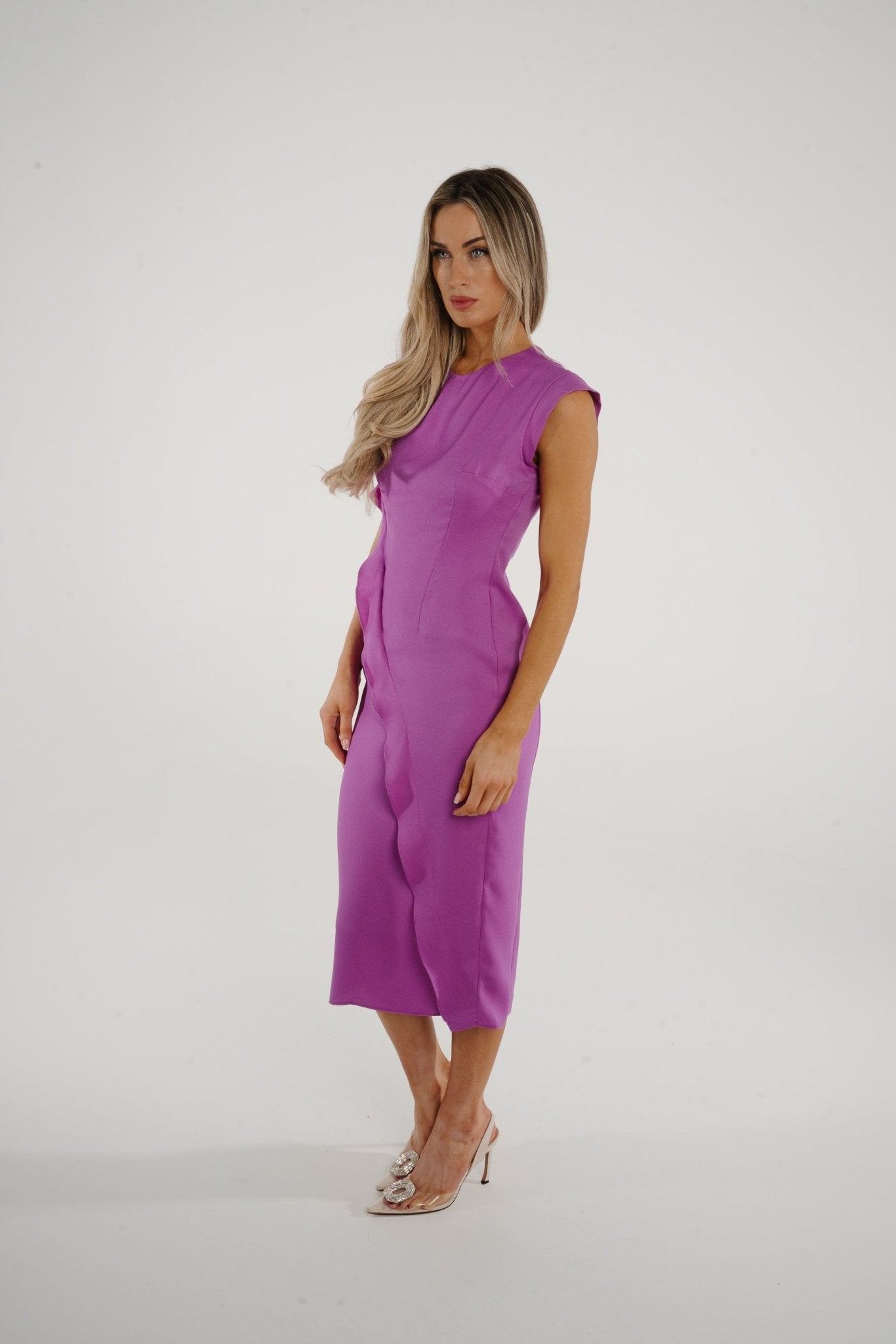 Kayla Ruffle Front Dress In Purple - The Walk in Wardrobe
