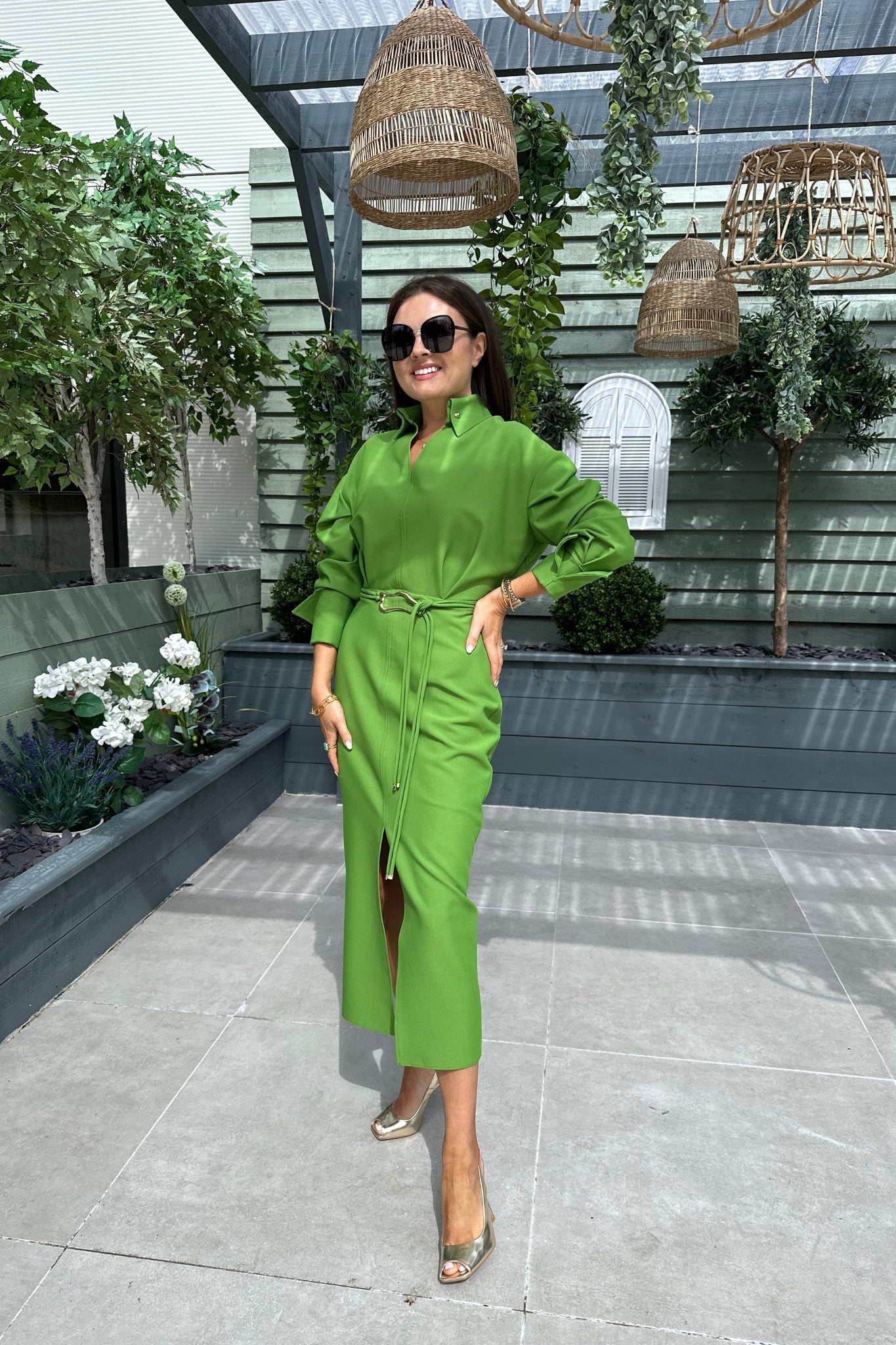 Kayla Split Front Dress In Green - The Walk in Wardrobe