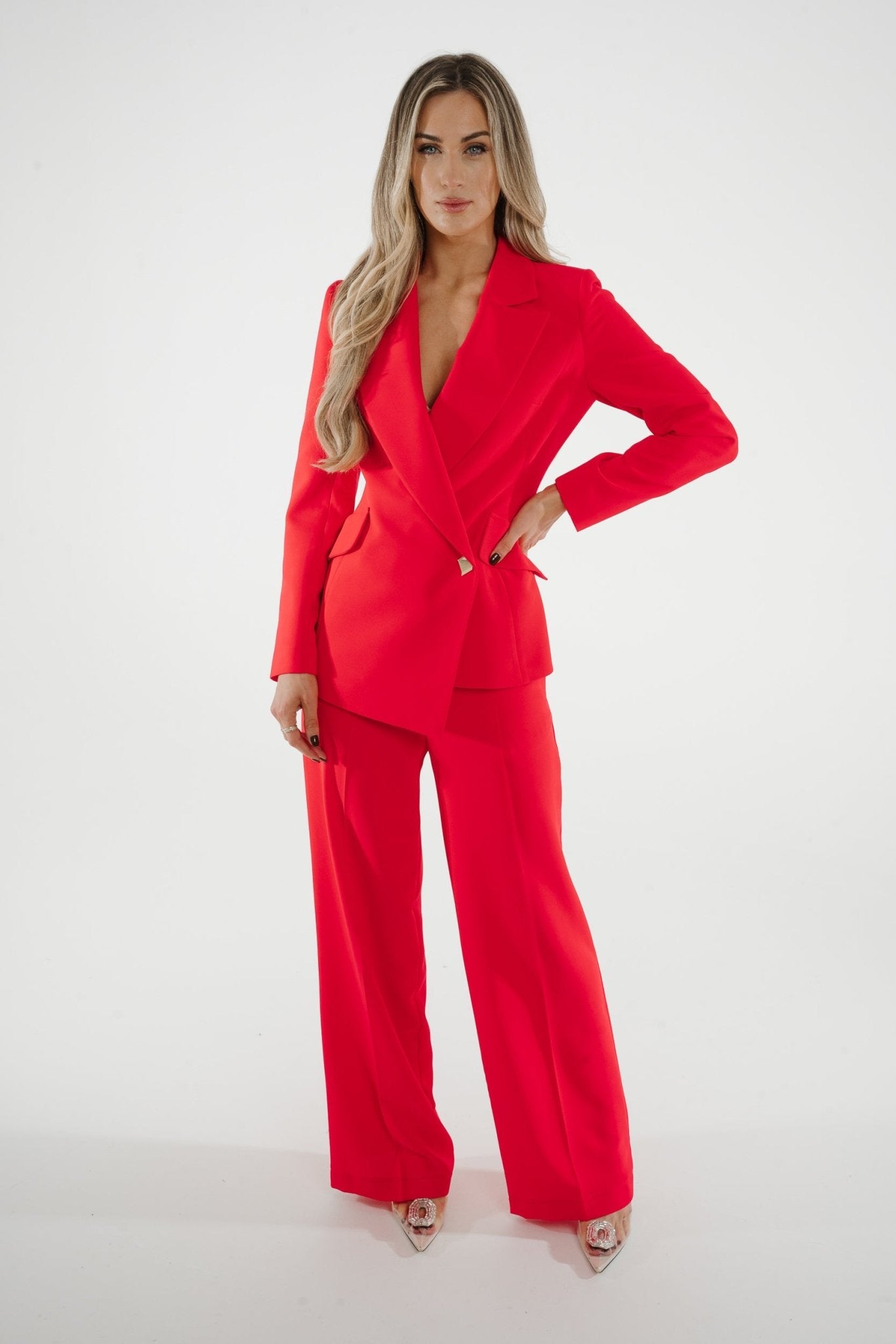 Kayla Two Piece Suit In Coral Red - The Walk in Wardrobe