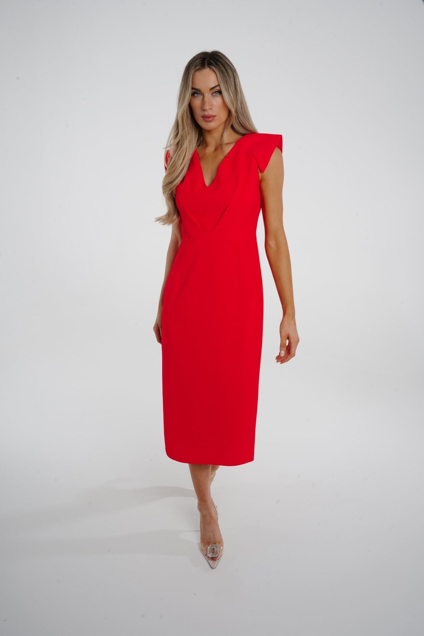 Kayla V-Neck Dress In Coral Red - The Walk in Wardrobe