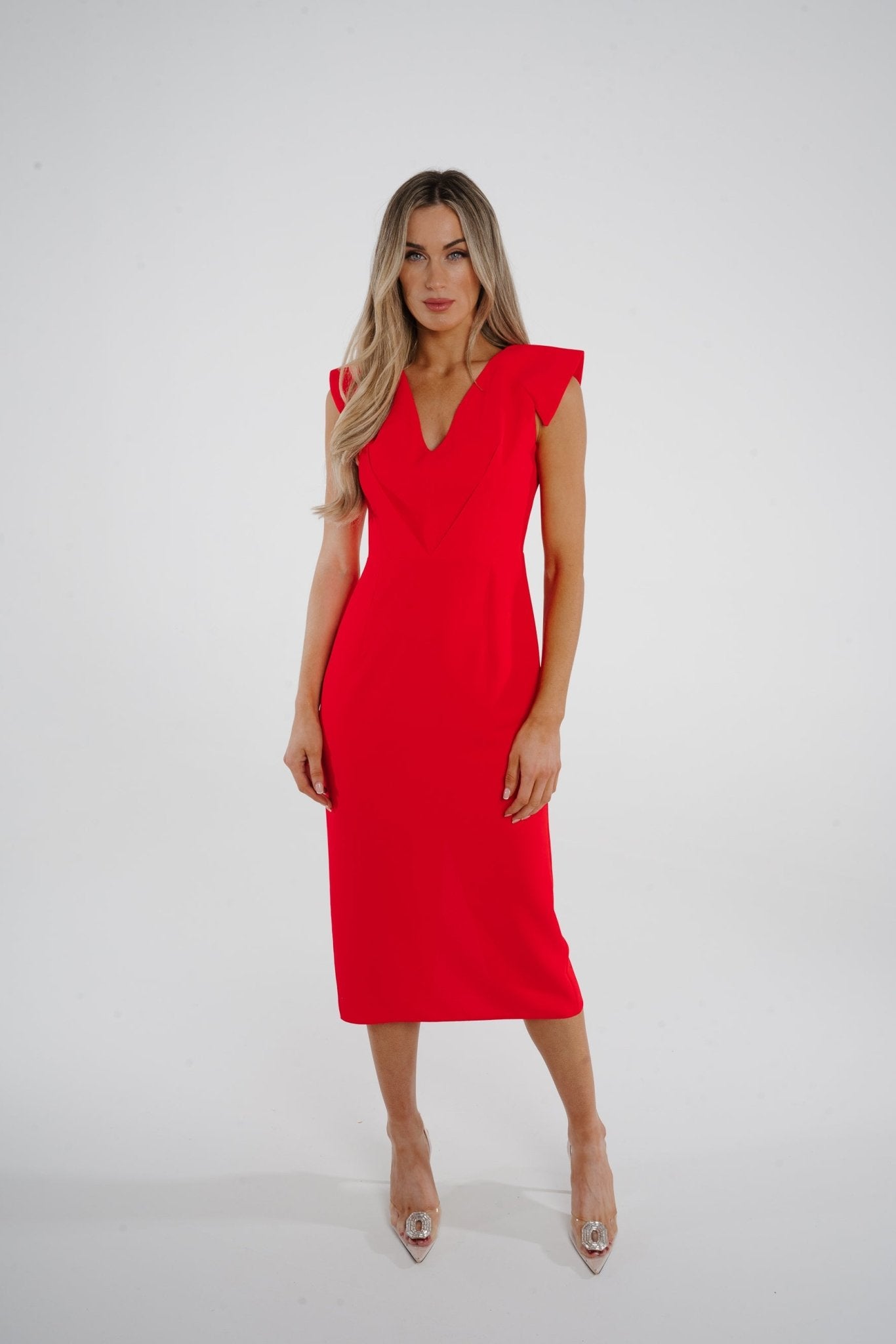 Kayla V-Neck Dress In Coral Red - The Walk in Wardrobe